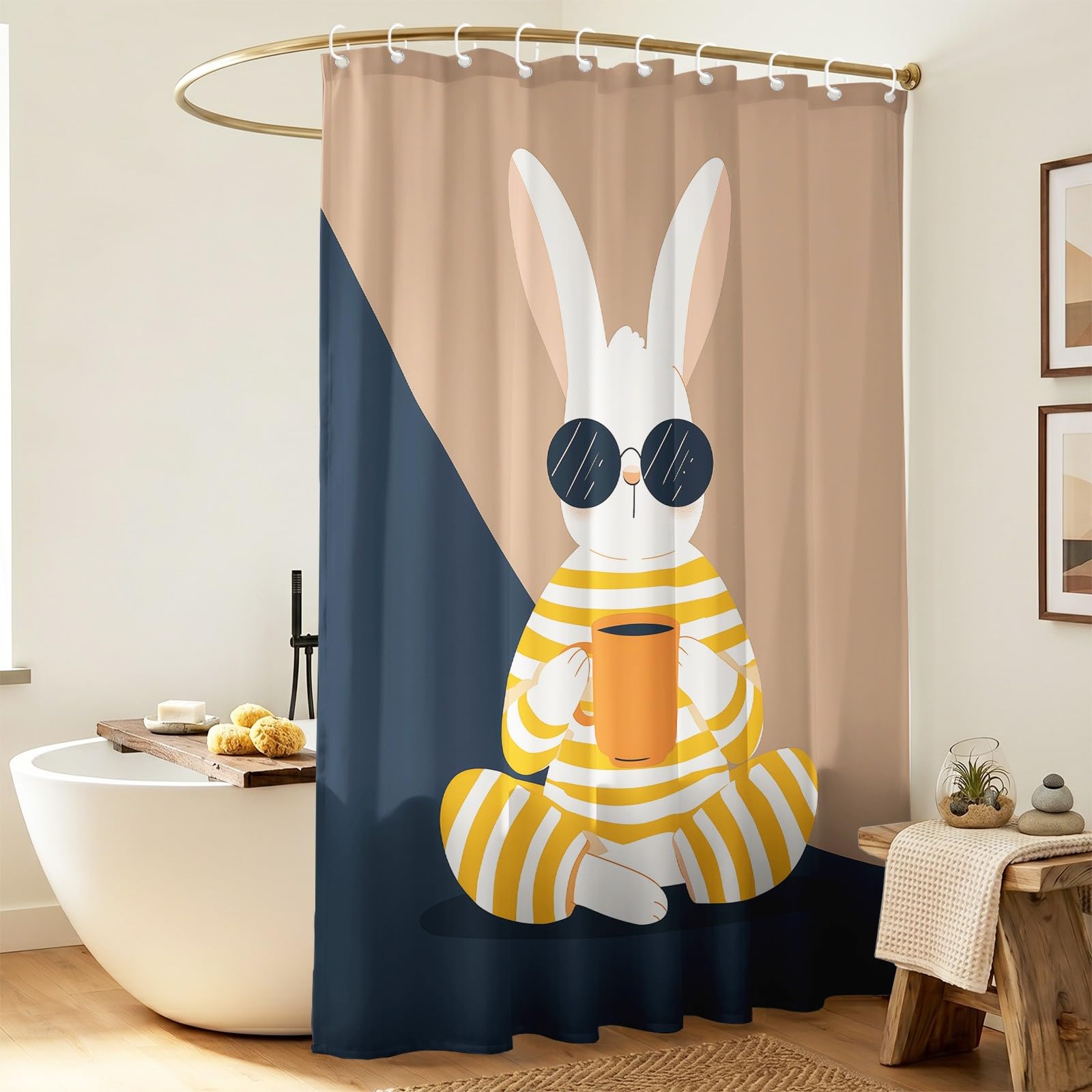 Générique Zasłona prysznicowa królika, zasłona prysznicowa 240 x 200 cm, odporna na pleśń, nadająca się do prania, kreskówkowa, zwierzęca, zasłony łazienkowe, wanna, z haczykami, brązowa