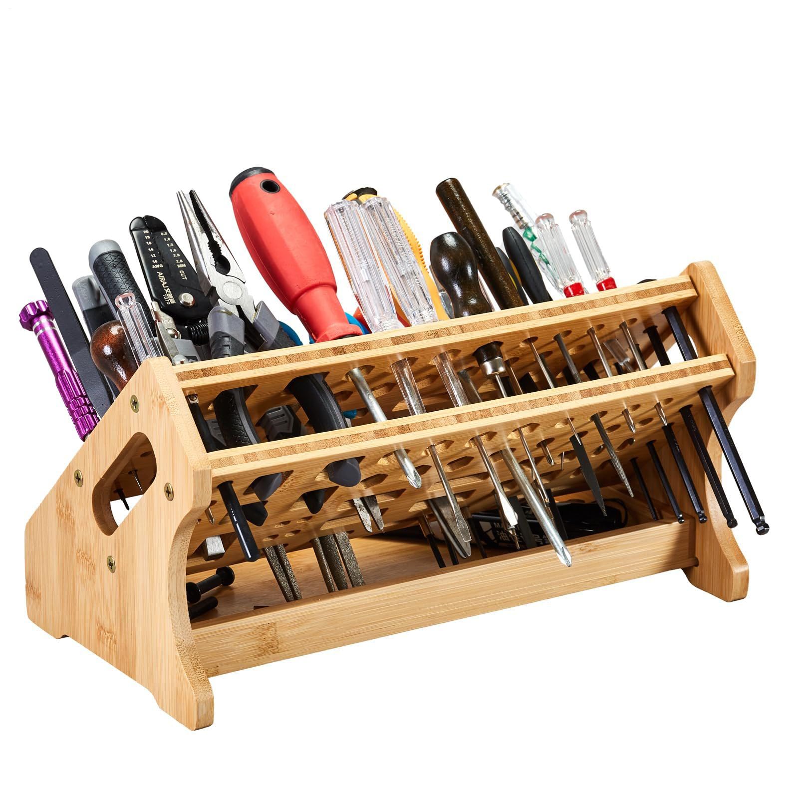 Organizador de Alicates | con Bandeja de 53 Agujeros Organización Hogar Madera - Organizador de Herramientas para Escritorio | Para Manualidades Reparación Garaje Interior y Exterior Jardín