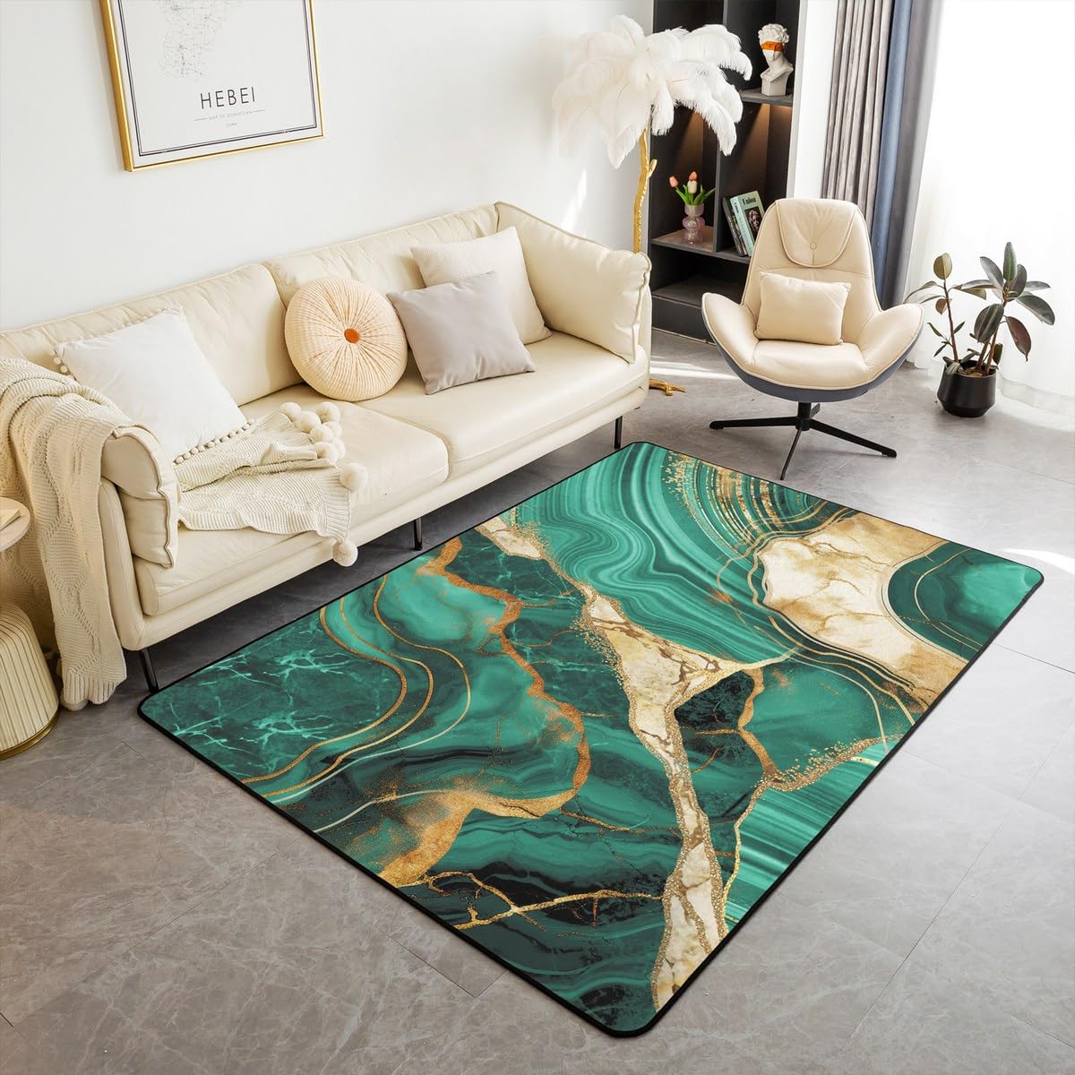 Gold Teal Marble Area Rug 5x7, Marbling Crack Rug, Abstract Metallic Texture Non Slip Carpet for Bedside, Luxury Shinny Boho Hippie Fluid Non Shedding