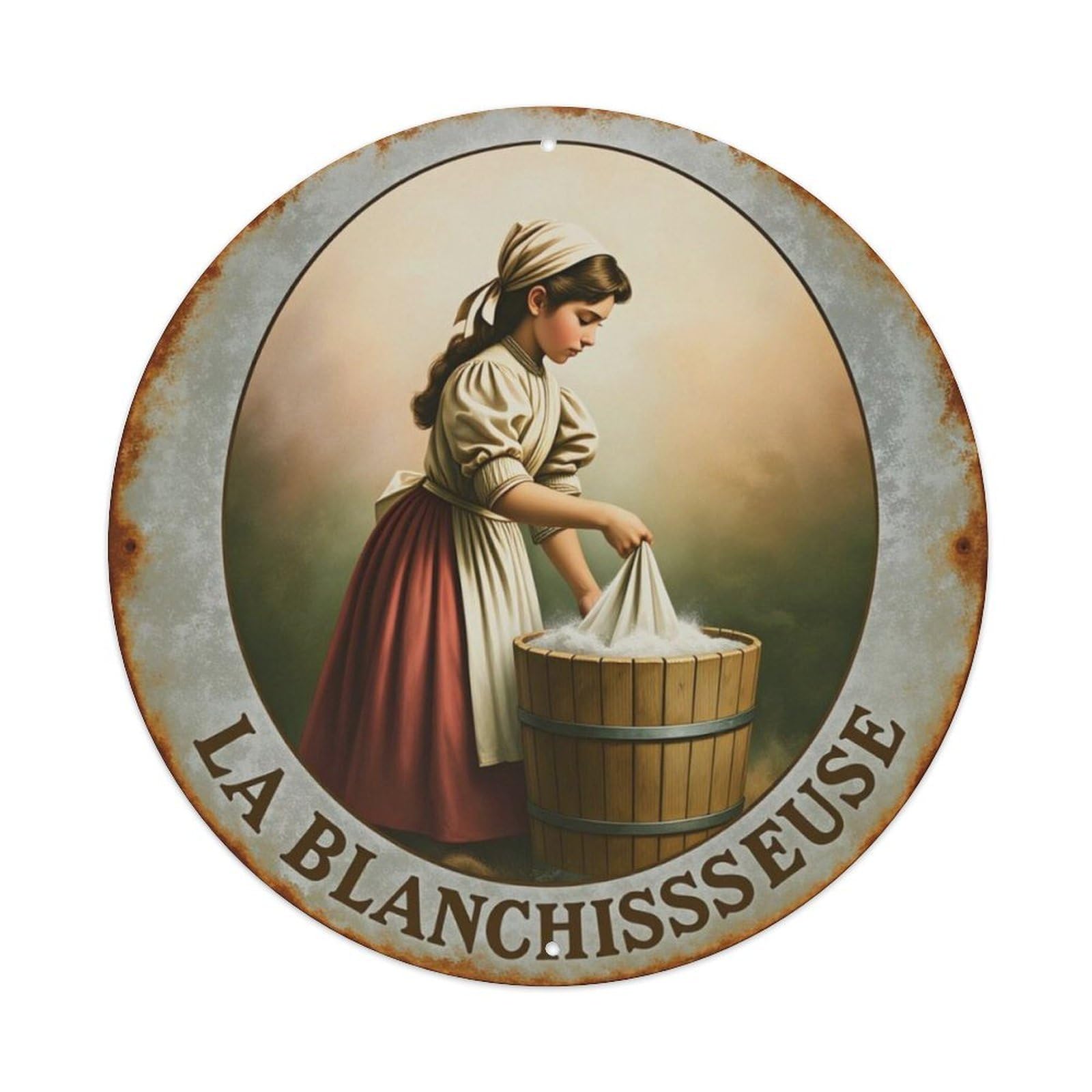 European Vintage Laundry Maid French Round Decor Sign Vintage Aluminium Metal Sign, Retro Wall Decor for Home, Bar, Garage & Farmhouse 20x20cm