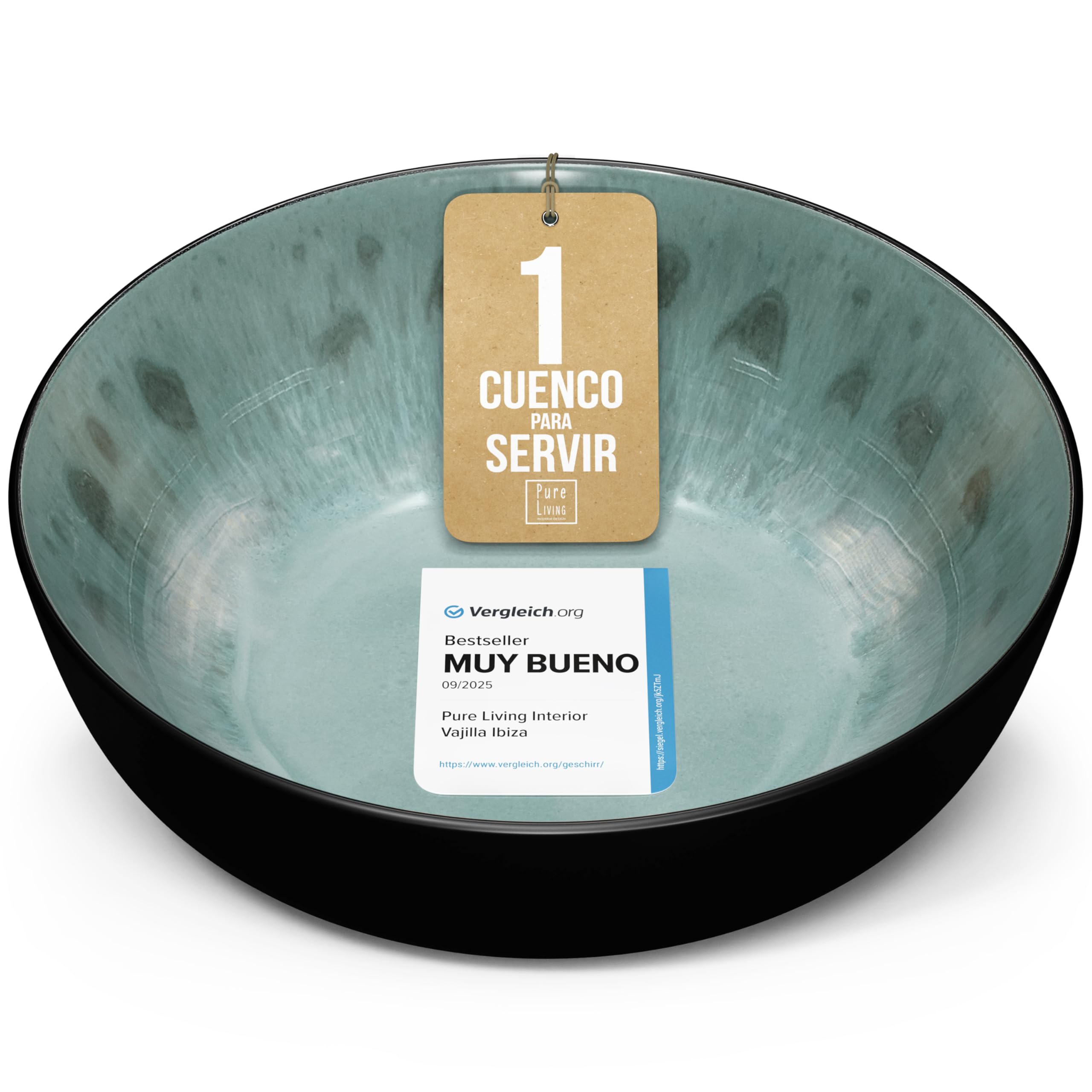 Bol de servicio Ibiza en gres - Ensaladera mediterránea - Apta para lavavajillas y microondas - Bol grande Pure Living en Verde Salvia