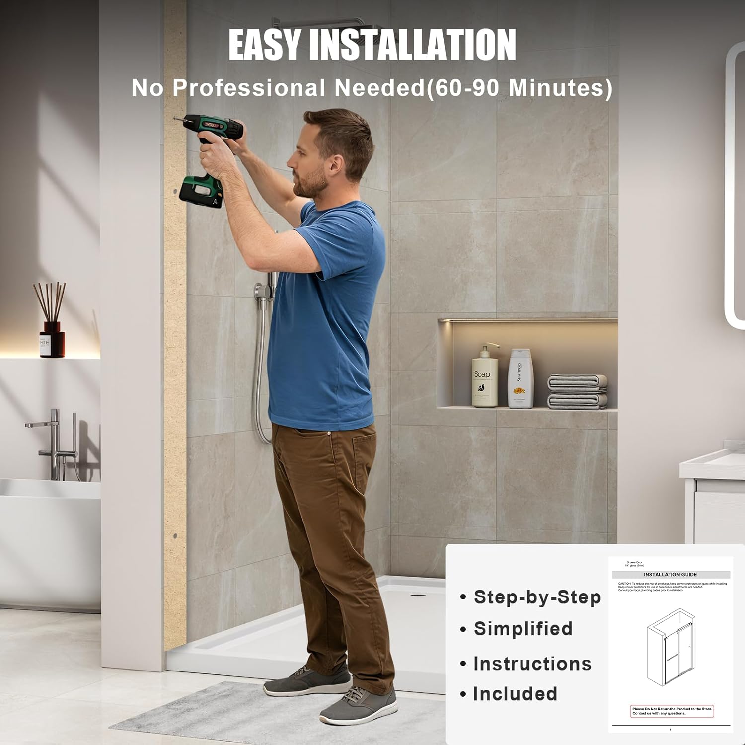 Frameless Stainless Steel Sliding Shower Door, 56-60" W x 72" H - 1/4” (6mm) Thick Tempered Glass Rust-Proof Glass Shower Door with Dual Tracks in Matte Black