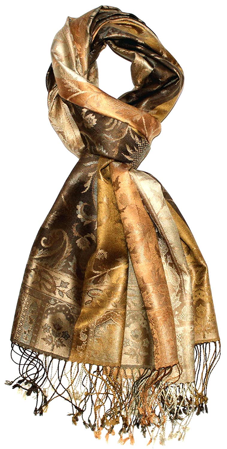 Lorenzo Cana Pashmina Damenschal Schaltuch jacquard gewebt aus 100% Seide 70 x 190 cm Paisleymuster Seidenschal Seidentuch harmonische Braun Gold Farben 78080