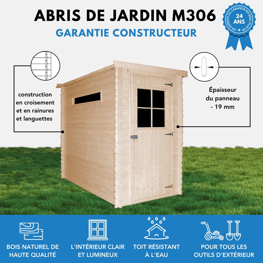 Abri de Jardin en Bois 2,63 m², Cabane de Jardin Exterieur 19 mm épaisseur de Paroi, Cabanon Jardin Exterieur à Outils et Velo avec Fenêtres, TIMBELA M306