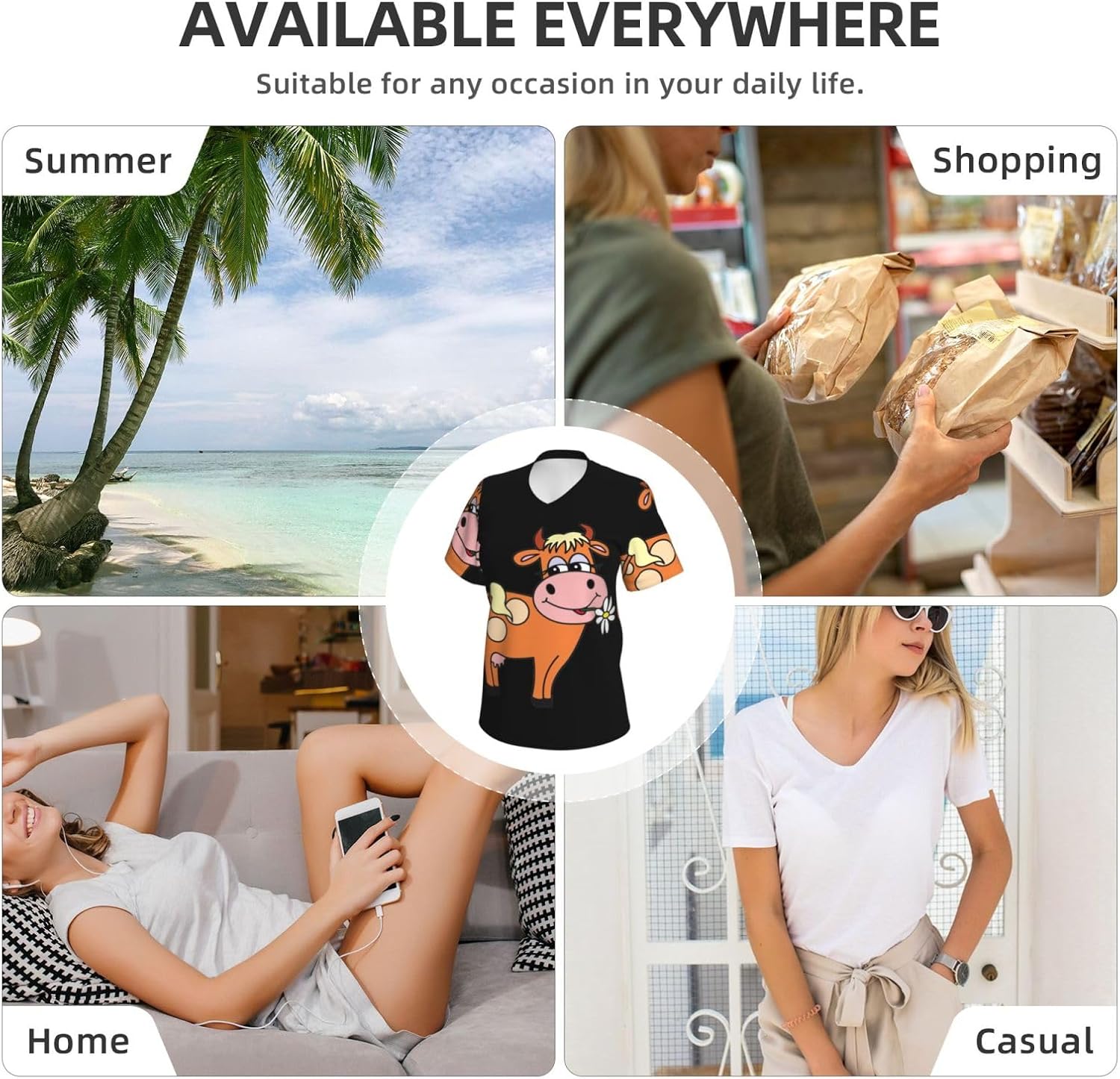 Women Casual Cartoon Cute Cow Print V-Neck T-Shirt Short Sleeve Summer Trendy Tops.