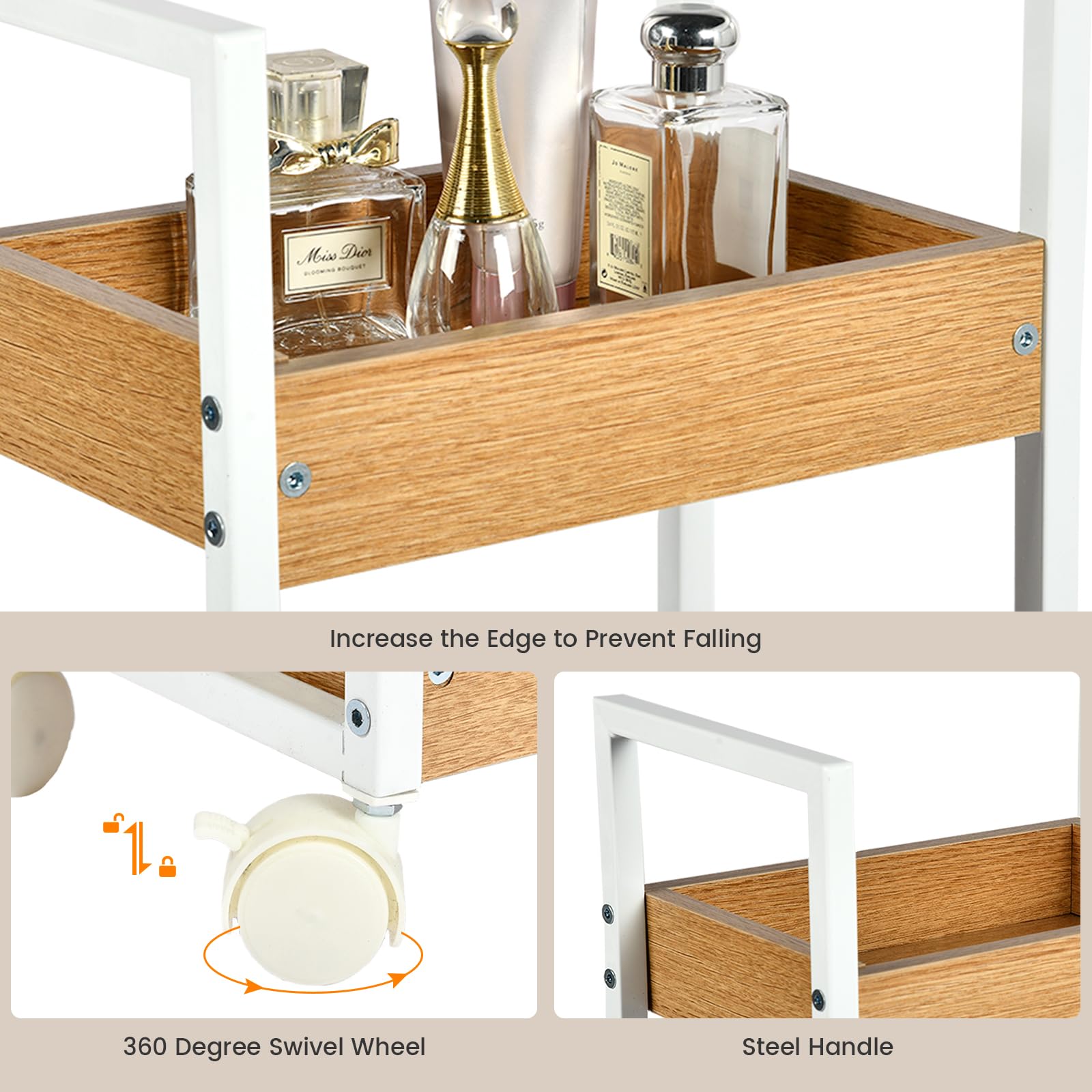 EGGREE Carrello Portaoggetti a 3 Livelli, Carrello Salvaspazio, Mensole Strette per il Bagno, Carrello da Cucina con Rotelle, Carrello bagno, 30 x 20 x 80 cm, Bianco