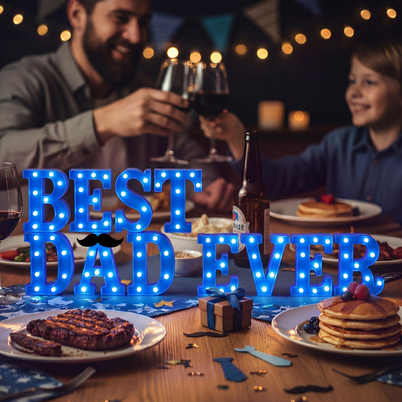 Ganeen Decorazione in plastica per festa del papà, con scritta in inglese "Best Dad Ever", con scritta in inglese "Best Dad Ever", decorazione da tavolo con baffi, decorazione per casa, mensola da