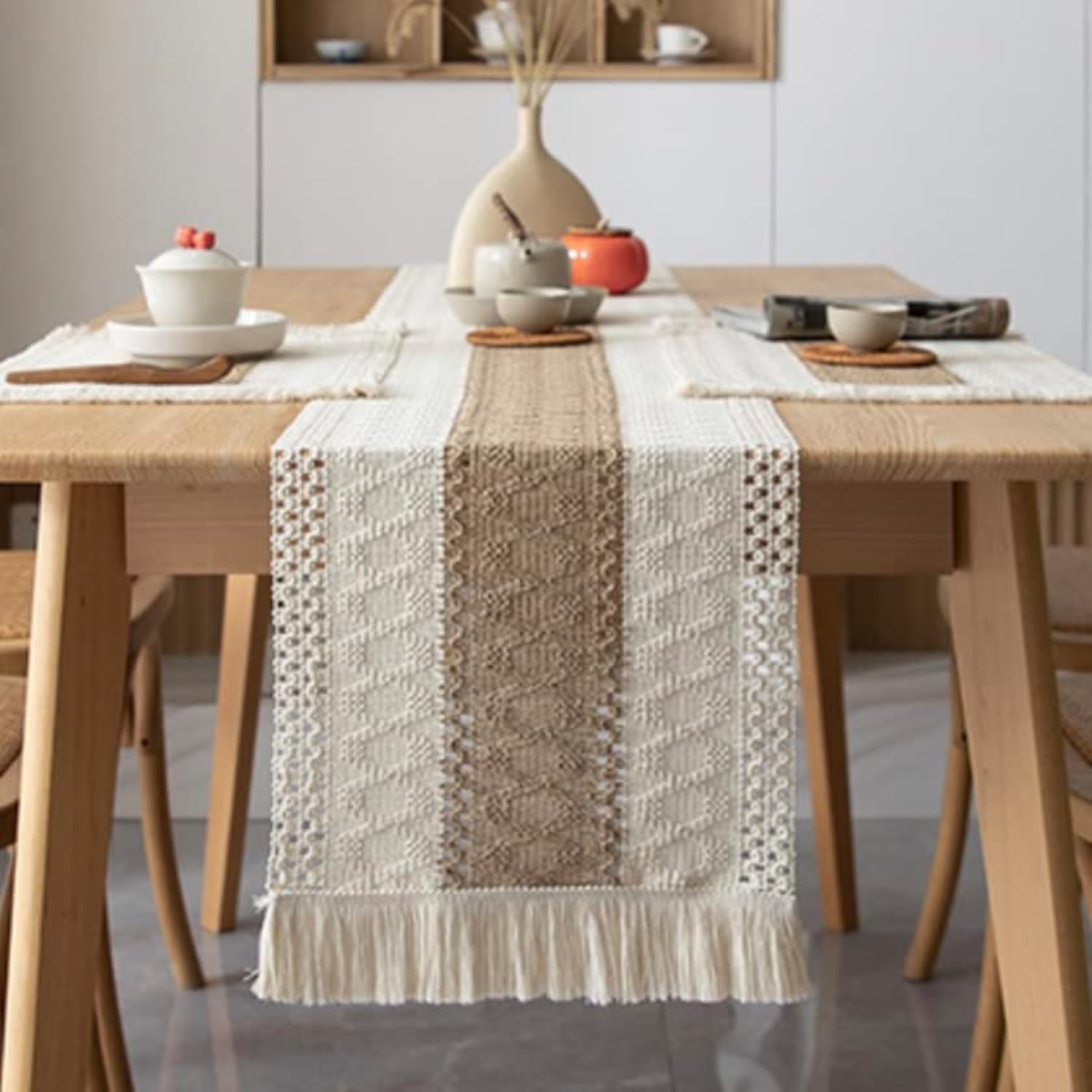 Macrame Table Runner,30 cm x 180 cm Farmhouse Style,Natural Burlap Lace Boho Rustic Suitable For Wedding Bridal Shower Home Dining Kitchen Table Decor (Beige A)