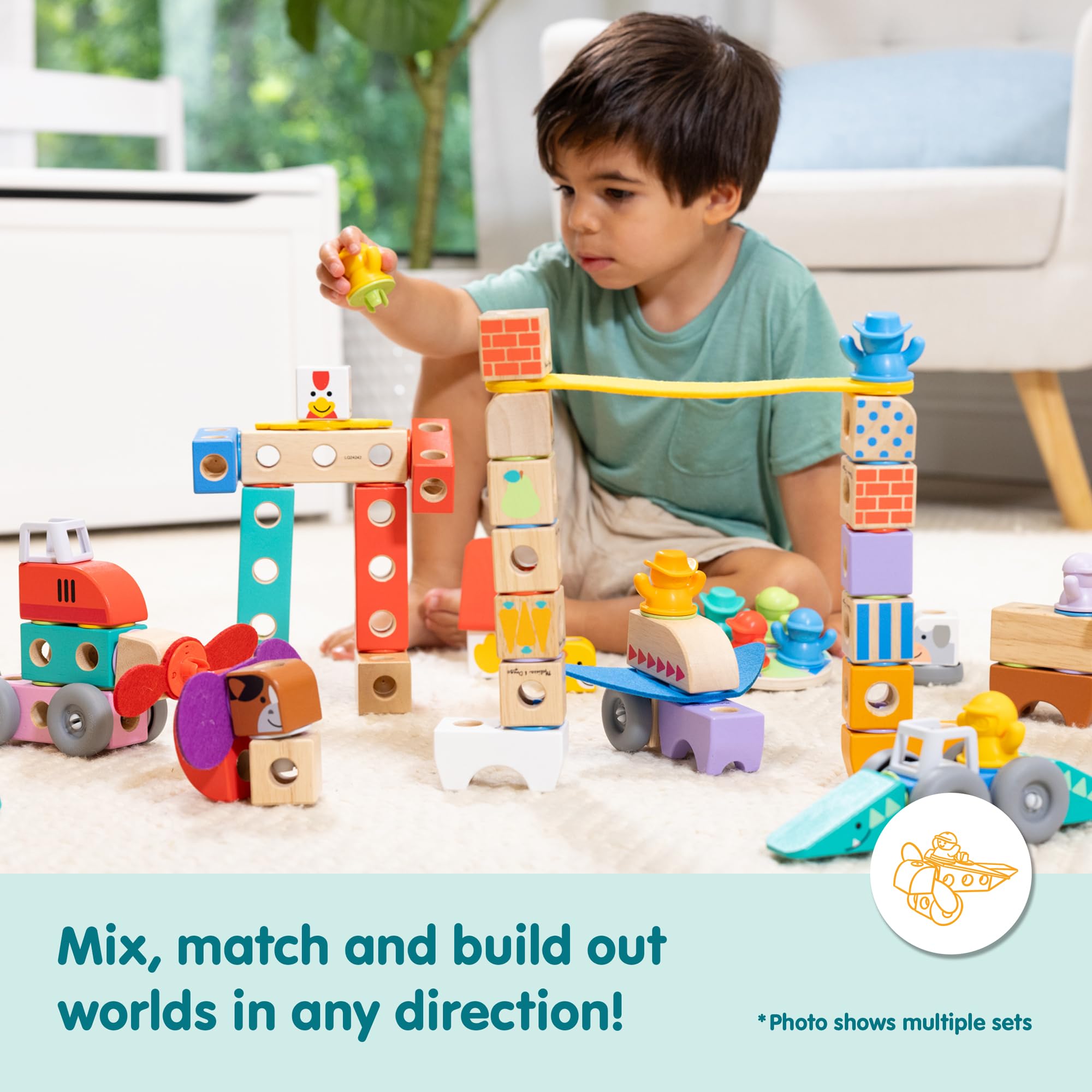 Melissa & Doug Blokowane do gniazda, miasto, drewniane klocki do montażu i mieszania, dla małych dzieci (73 sztuki)