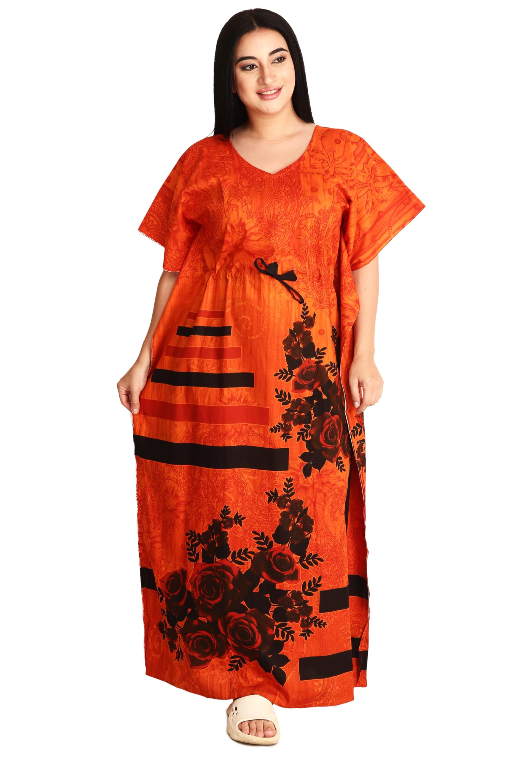 osf Women's Printed Cotton Floral Kaftan Round Neck Full Length Maxi Nightwear Night Gown Nighty (Pack of 1, Size: Free Size, KF0050)-picture-43