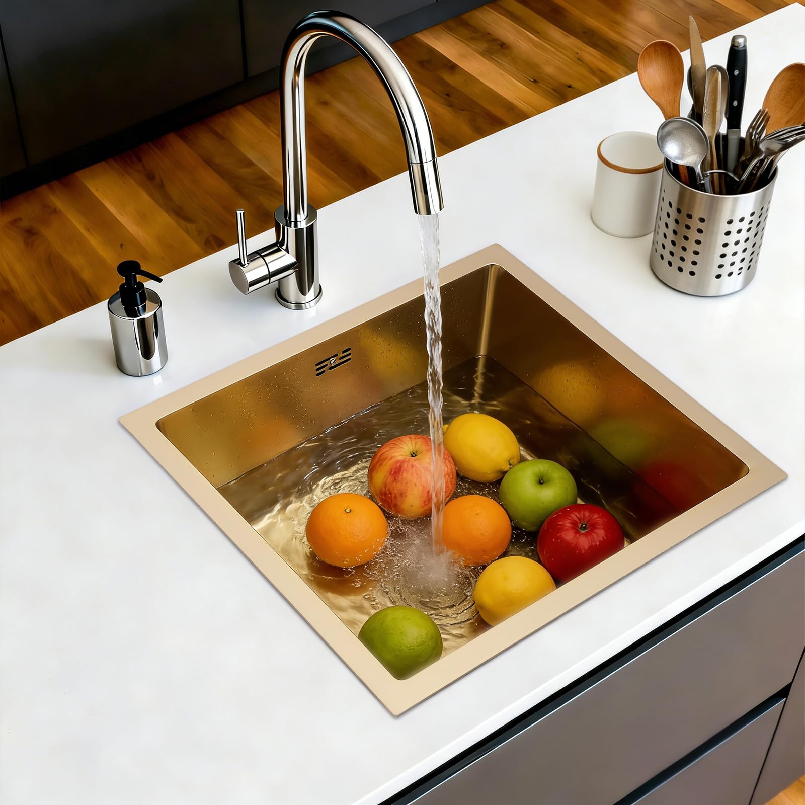Fregadero de cocina de 50 x 45 cm, acero inoxidable dorado, con filtro de drenaje, 1 lavabo para encimeras e instalación integrada, para cocinas abiertas, bares, islas centrales, balcones