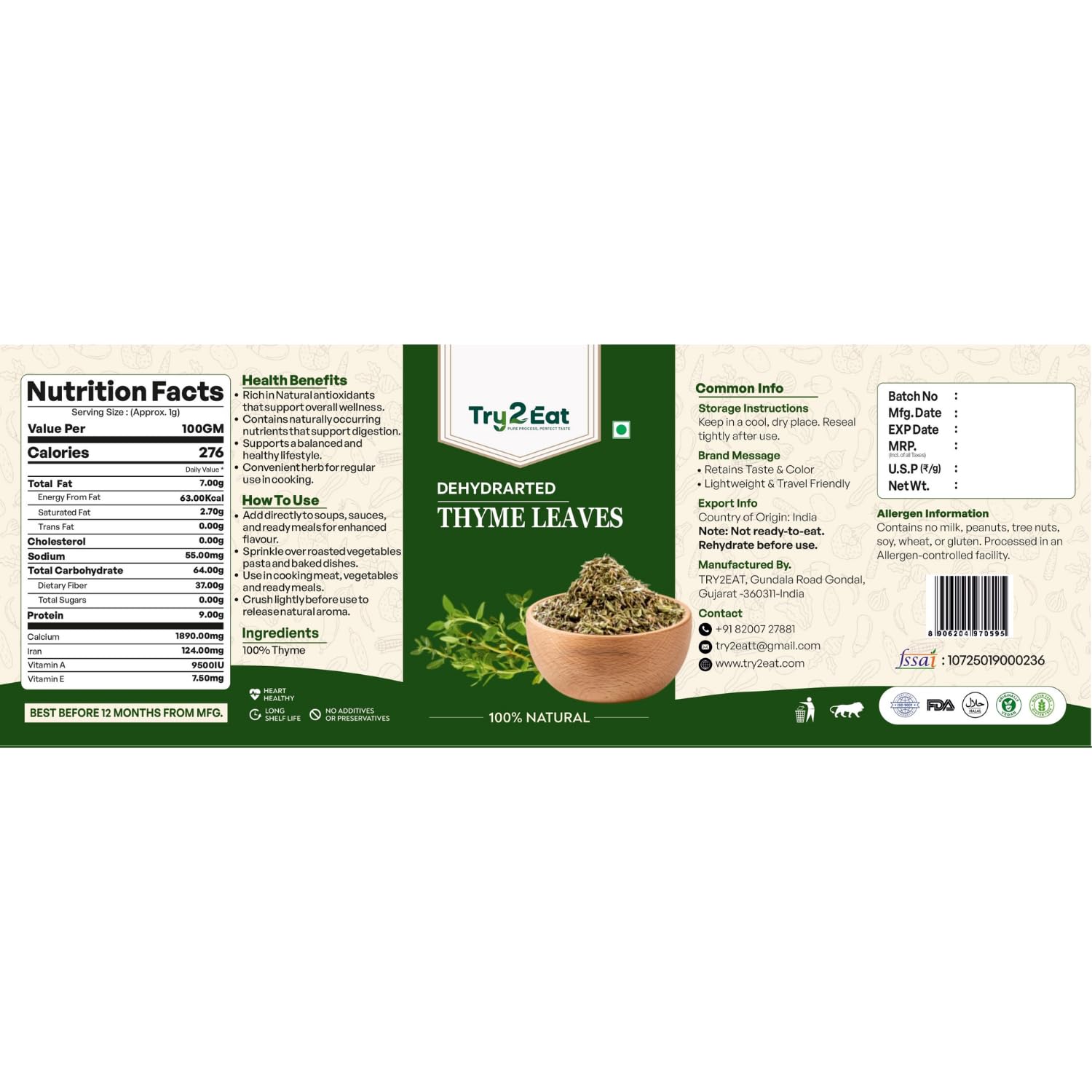 Tru2Eat Dehydrated Thyme Leaves | 100% Natural Dried Herb for