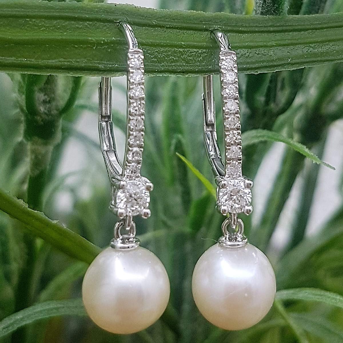 Dazzlingrock Collection 8mm Each Round White Freshwater Pearl & White Natural Diamond Lever Back Drop Dangle Earrings for Women in 18K Real Solid Gold