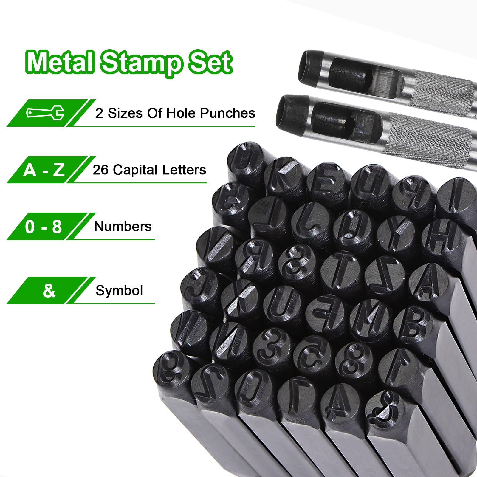 QUARKZMAN 36pz Metallo Stampaggio Kit 31/64" (12,5 mm) (AZ, 0-8,"&" Simbolo) Acciaio Lettera Pugno Premere Utensile con Foro Pugno per Stampa su Metallo, Plastica, Legno, Pelle, Nero