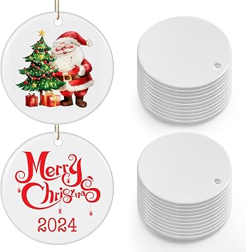 Sublimation Ornaments Blanks Bulk 25 PCS Ceramic Sublimation Christmas Ornament Blanks White Blank Christmas Tree Hanging Ornaments for Crafting DIY Personalized Xmas Tree Decor Keepsake Gift