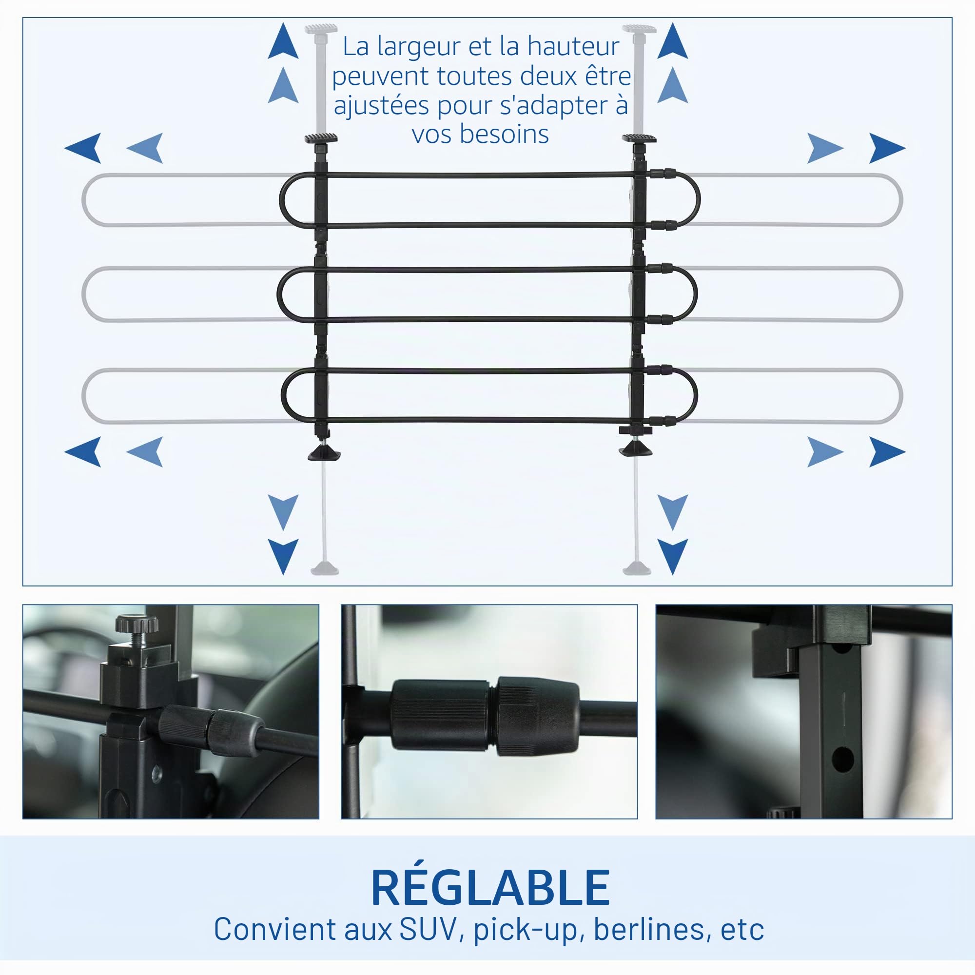 PawHut Barrière chien voiture réglable séparateur, 89-150x76-124 cm | Barrière universelle pour chien de voiture, séparateur de coffre, acier, pour chiens