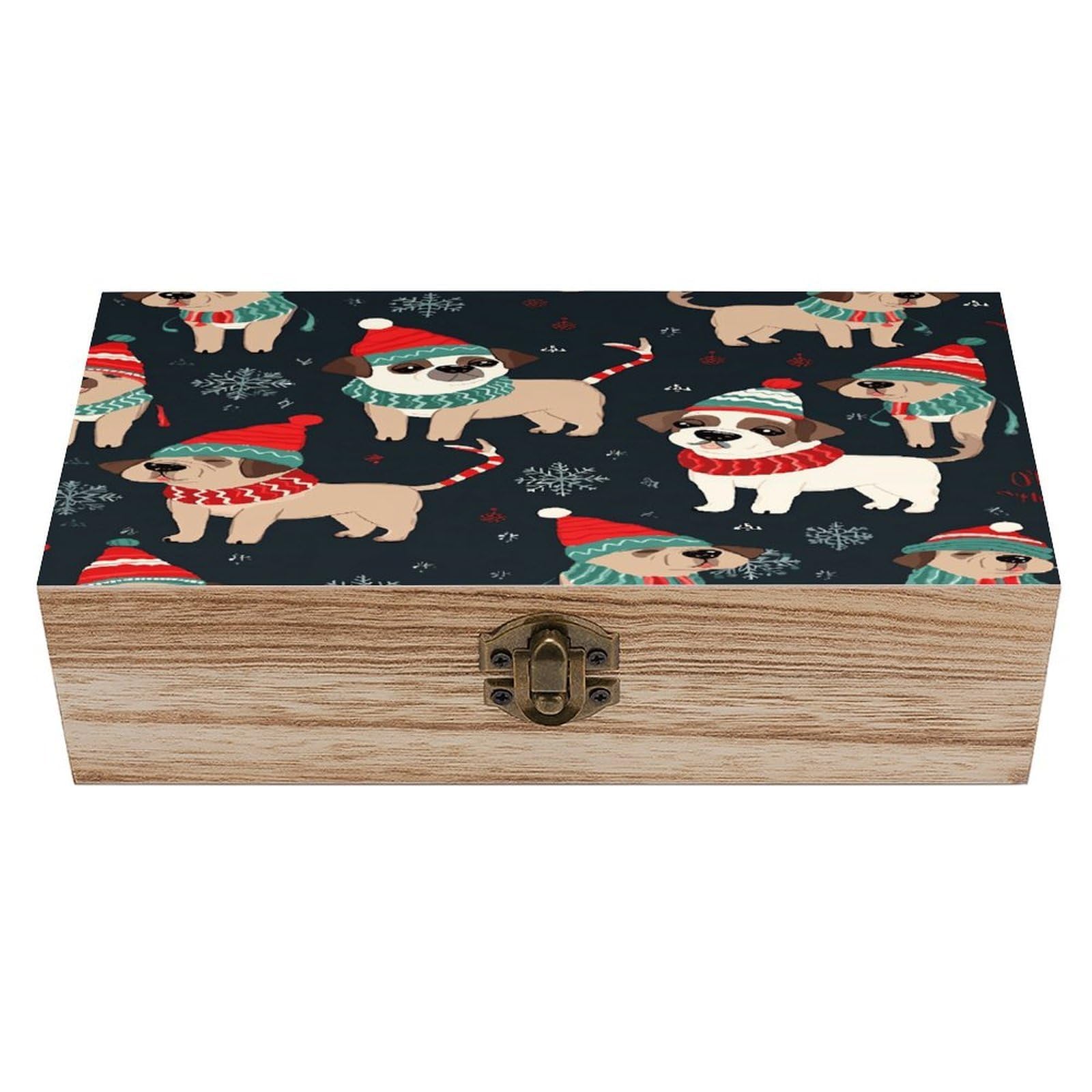 JTREHY Merry Christmas Dog Wooden Keepsake Box Vintage-Style Wood Keepsake Case with Hinged Lid Solid Wood Boxes Beautifully Memory Treasure Case Vintage-Style Wooden Storage Box