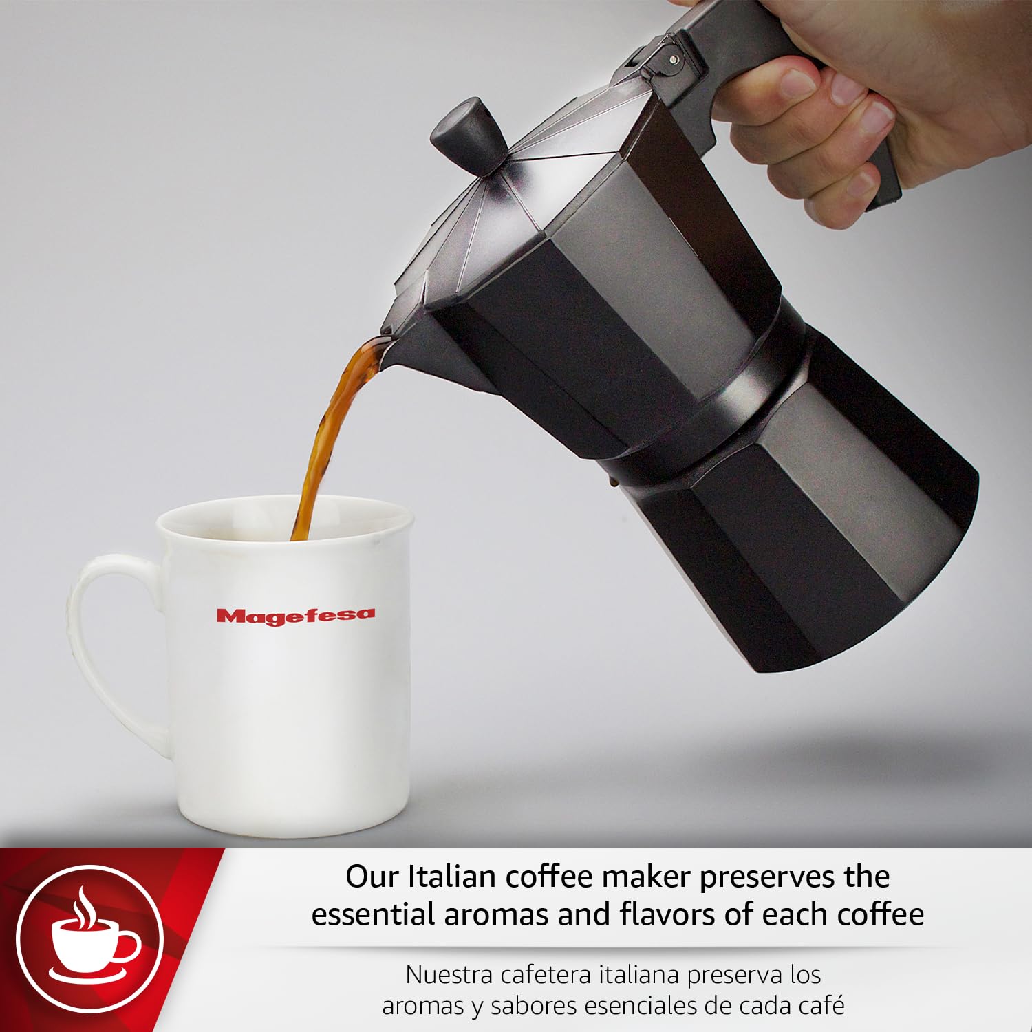 Magefesa Kenia Noir - Placa moka espresso, 3 tazas, 142 g, cafetera italiana, para café cubano, aluminio extra grueso, mango resistente al calor, segura y fácil de usar, Greca
