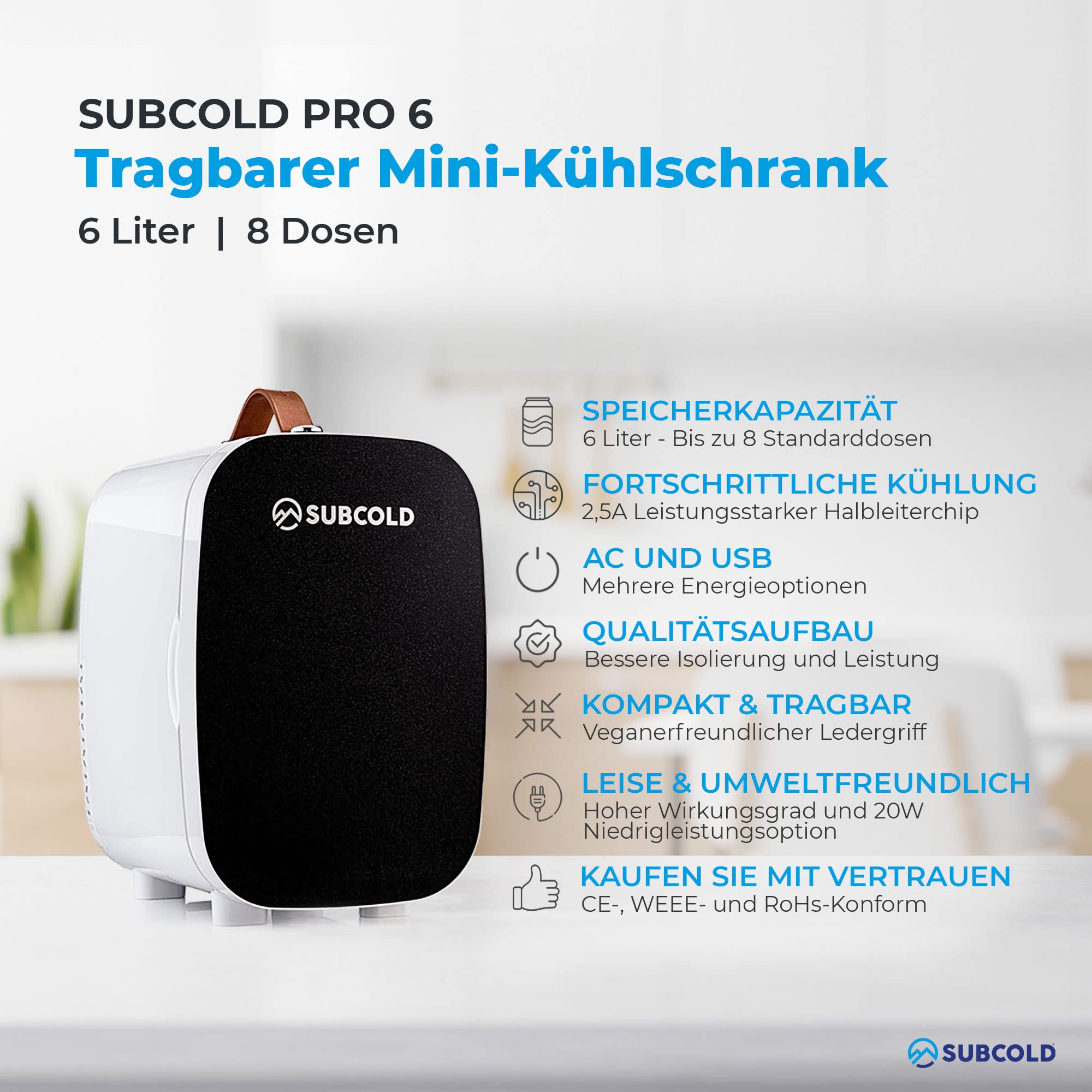 Subcold Pro6 Luxus Mini Kühlschrank Kühler 6 Liter / 8 Dosen AC & Exklusive USB Power Option Kleiner tragbarer Kühlschrank für Büro, Schlafzimmer, Auto, Hautpflege & Kosmetik Schwarz