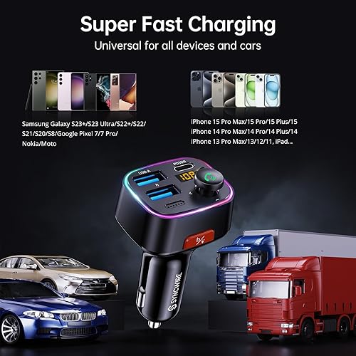 Vista 16 de Syncwire Bluetooth 5.3 Transmisor FM Adaptador de coche 48W (PD 36W y 12W) [Interruptor de luz] [Bajo Profundo HiFi] [Carga Rápida] Adaptador
