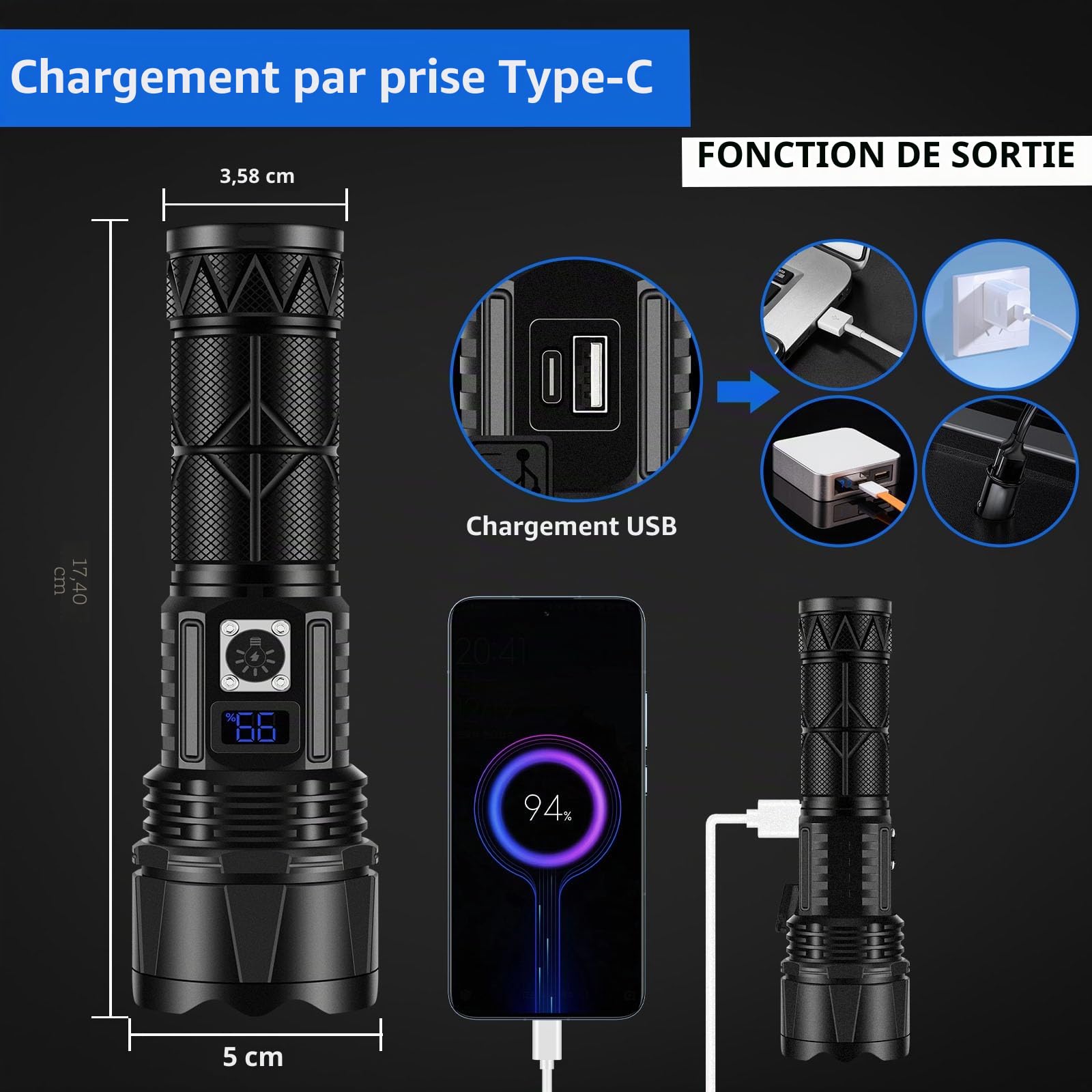 JAY-PARK Lampe de poche LED rechargeable 10 000 lumens, lampe de poche super lumineuse avec affichage numérique de la puissance et zoomble, lampes de poche haute luminosité rechargeables pour le