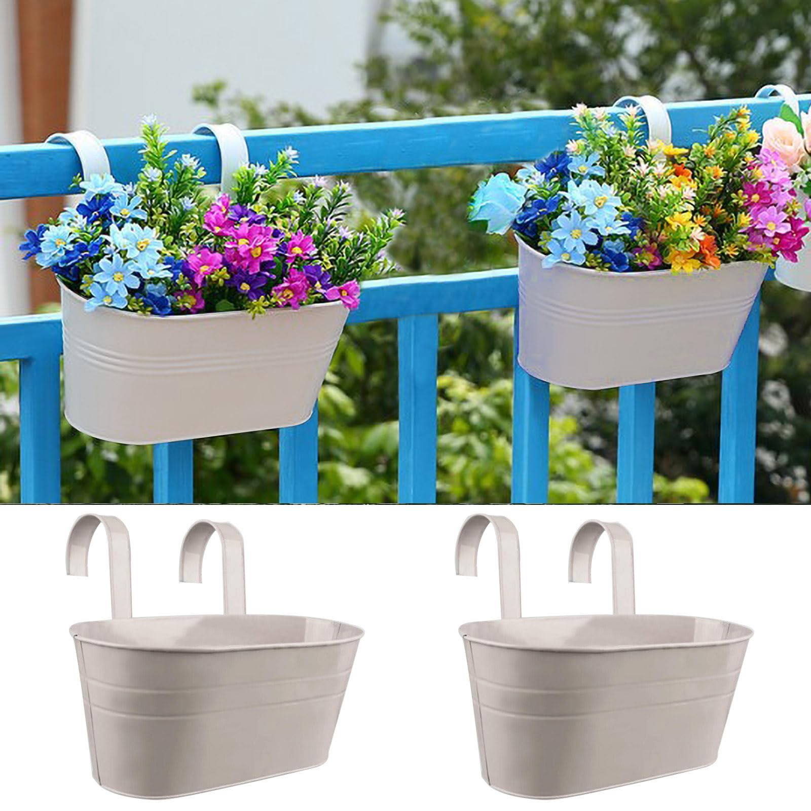 2 Pack Metal Iron Hanging Flower Pot, Oval Railing Planter Fence Garden Balcony Planter Hanging Plant Pot Metal Bucket Flower Holders with Detachable Hooks for Outdoor Indoor Home Décor(Grey)