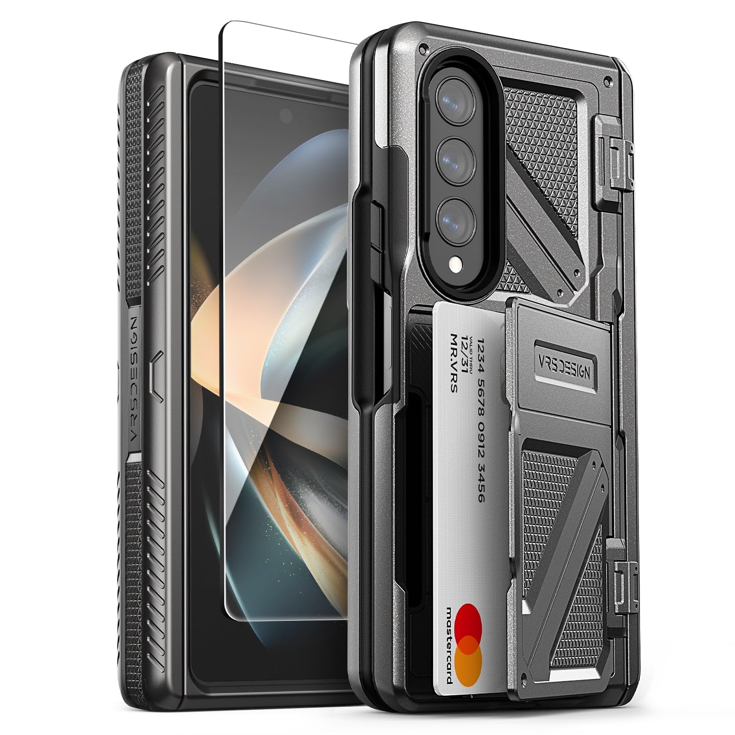 VRS Design Terra Guard Ultimate GO with Hinge Protection designed for Samsung Galaxy Z Fold 4 case cover wallet (2022) with Card Compartment & Screen Protector - Metal Black