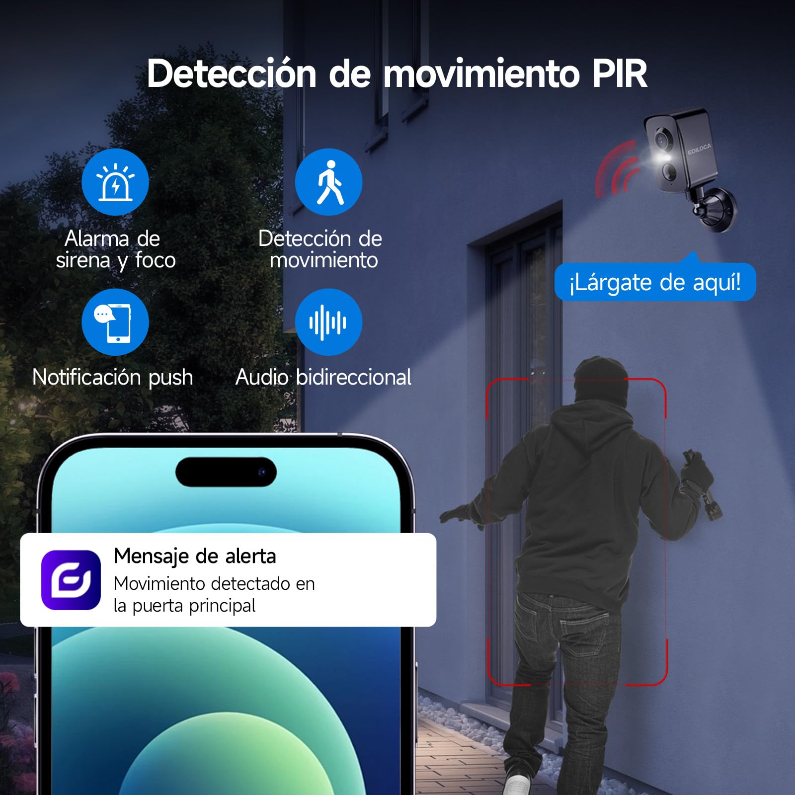 Ediloca Camara Vigilancia WiFi Exterior, Cámara de Vigilancia 2K 3MP con Rotación Horizontal de 300°, Batería Recargable, Detección Humana PIR, Visión Nocturna en Color, Audio Bidireccional, Sirena