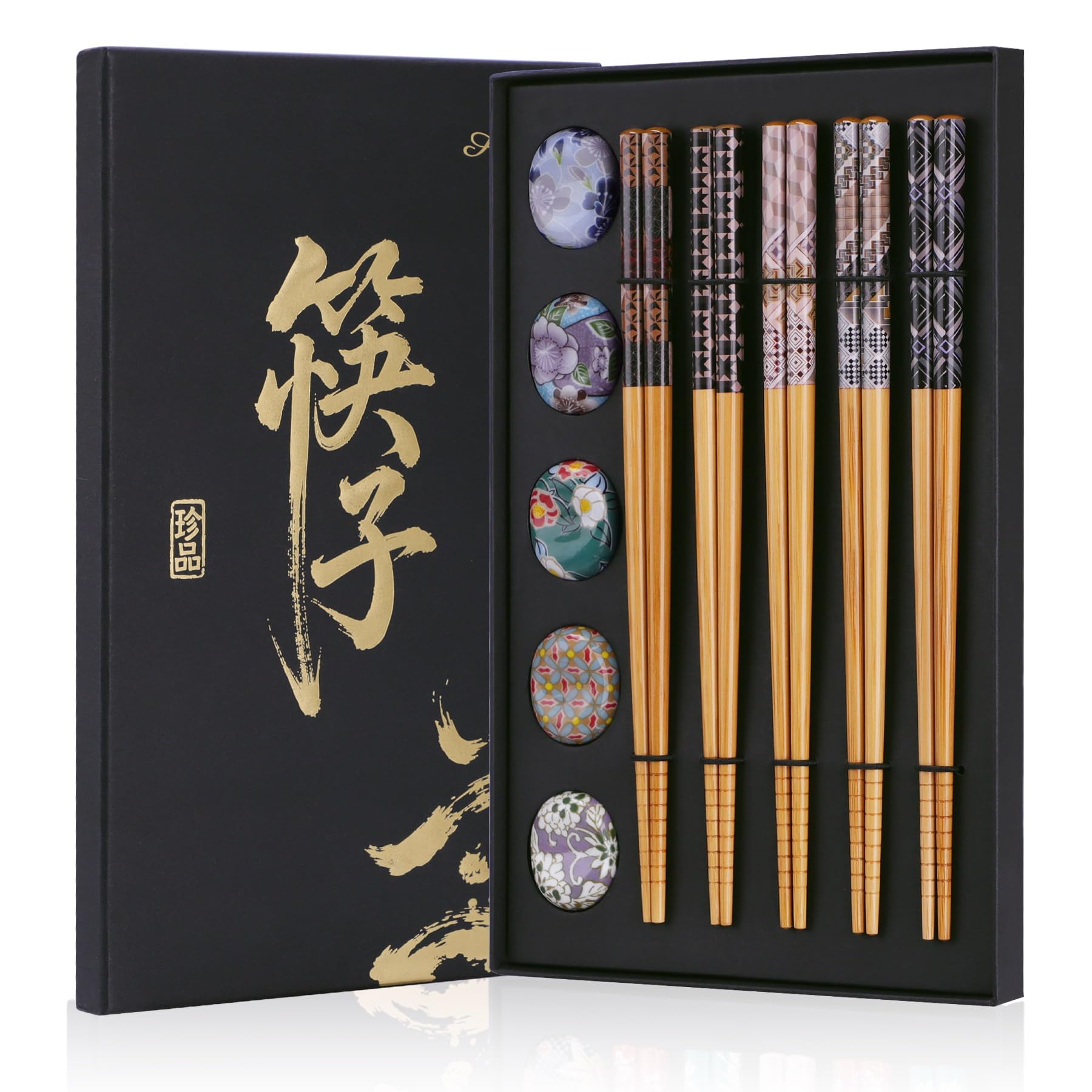 Antner 5 Pairs Reusable Bamboo Chopsticks with 5PCS Ceramic Choptick Rests