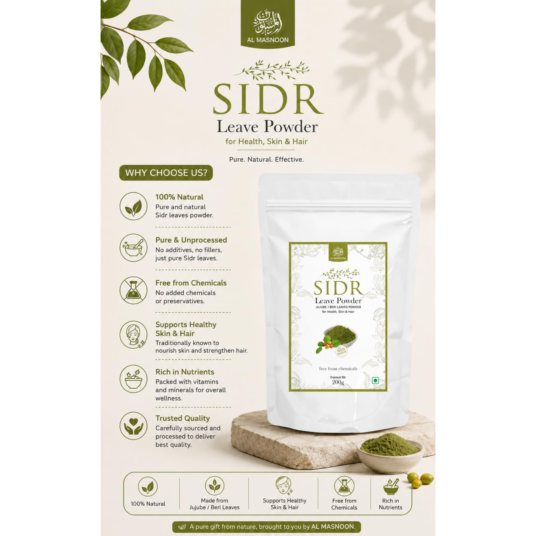 AL MASNOON Sidr Leaves Powder for Skin & Hair/Beri ka Patta Powder 200g (pack of 1) 100% Natural & Pure 4