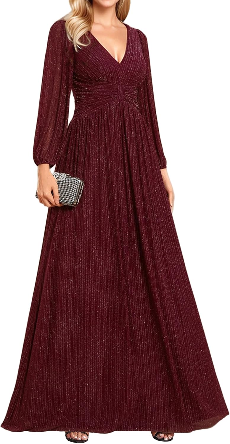 Ever-Pretty Women's A-Line Formal Wedding Guest Dresses Long Lantern Sleeves Floor Length Glitter Evening Gowns