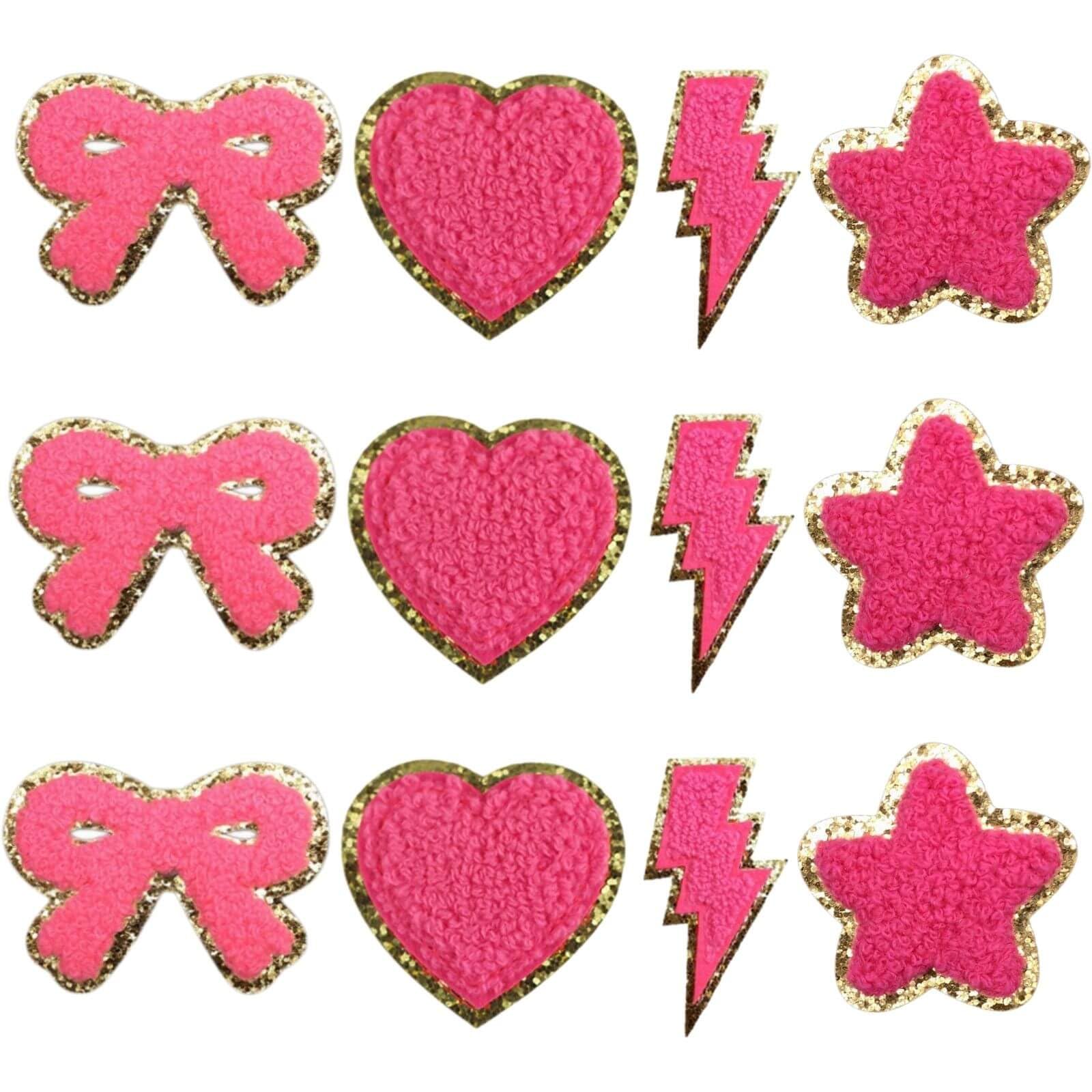 12 Pcs Cute Chenille Embroidery Patches Lightning Bolt Iron On Patch Heart Star Bow Sew On Patches for DIY Hats Bags Jackets(Rose)