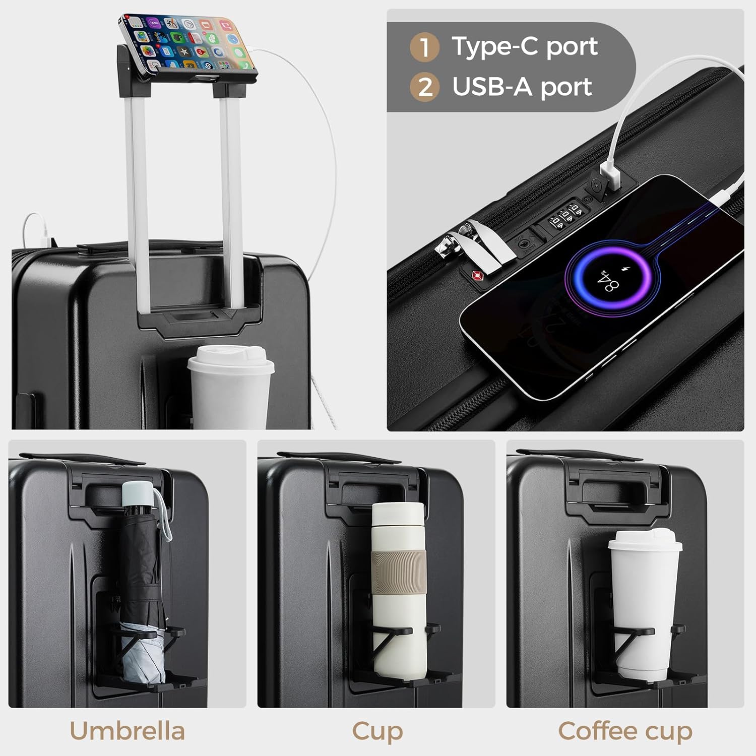 Carry on Luggage Top opening Suitcases, Expandable with Cup Holder and USB Charging Port,Lightweight with Front Pocket Rolling Suitcases with Spinner Wheels