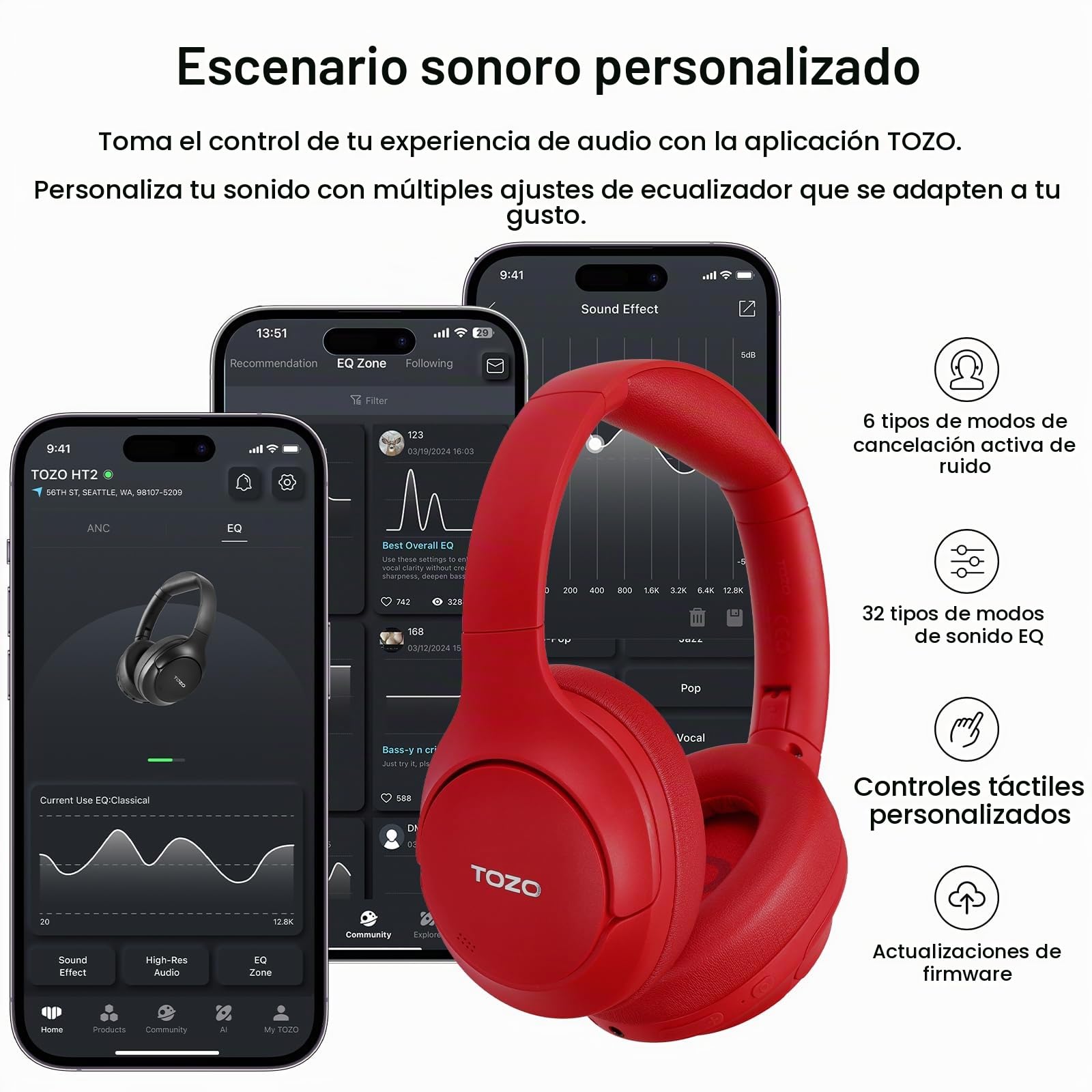 TOZO HT2 Cascos Inalámbricos Bluetooth ANC Híbrida y 60H Reproducción | ORIGX Sonido premium, 32 EQs con TOZO App, llamadas ENC nítidas, diadema ajustable, plegable portátil, conexión 3.5mm y USB-C