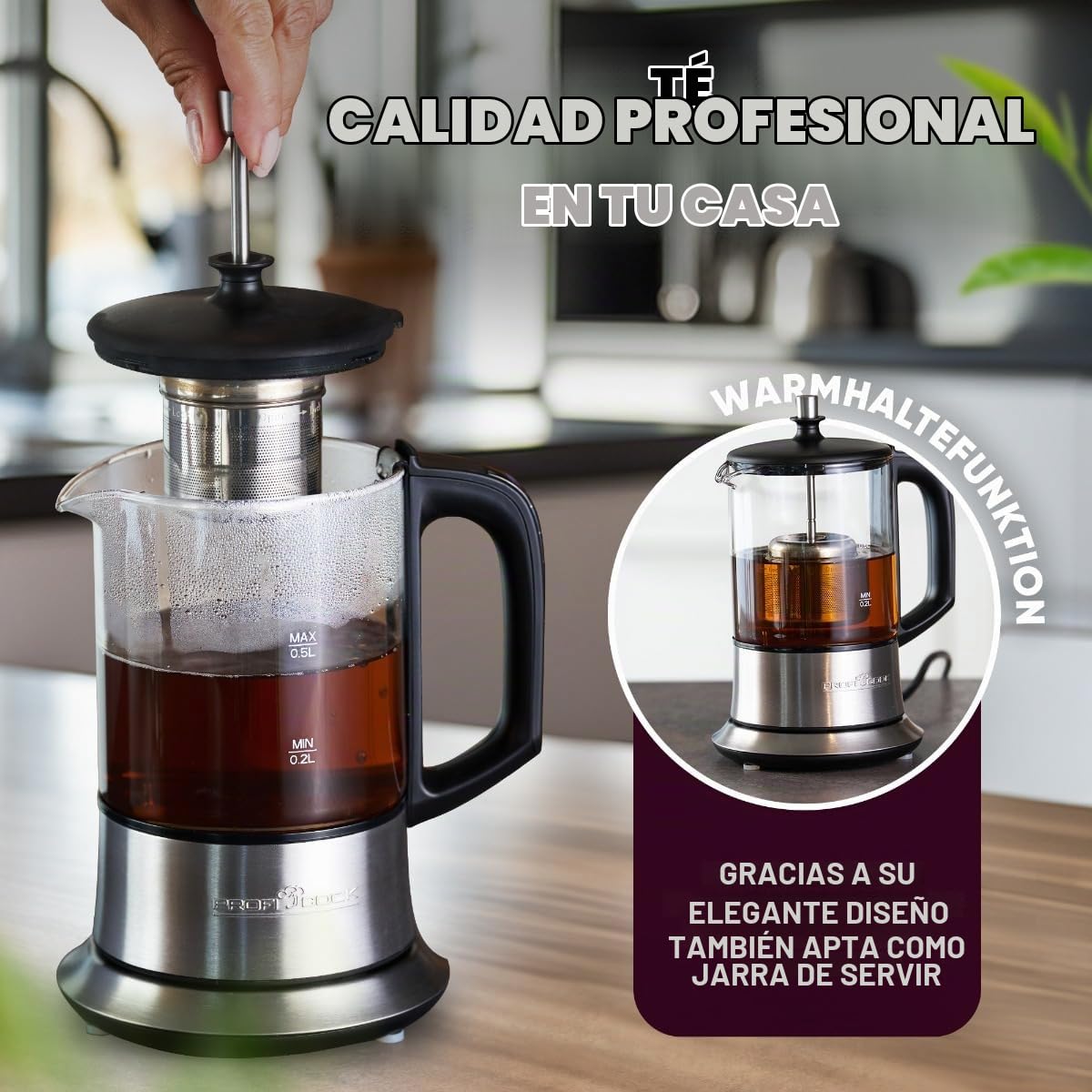 Profi Cook PC-TK 1165 1165-2 - Hervidor de agua y té (filtro permanente de acero inoxidable, 0,5 L, función de mantenimiento en caliente, carcasa de cristal y acero inoxidable), color negro y plateado