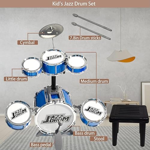Miniatura 6 de Juego de batería para niños pequeños con taburete para niños de 3 a 5 años, 4 a 6, 5 a 7 años, juego de batería de seis tambores para bebé,