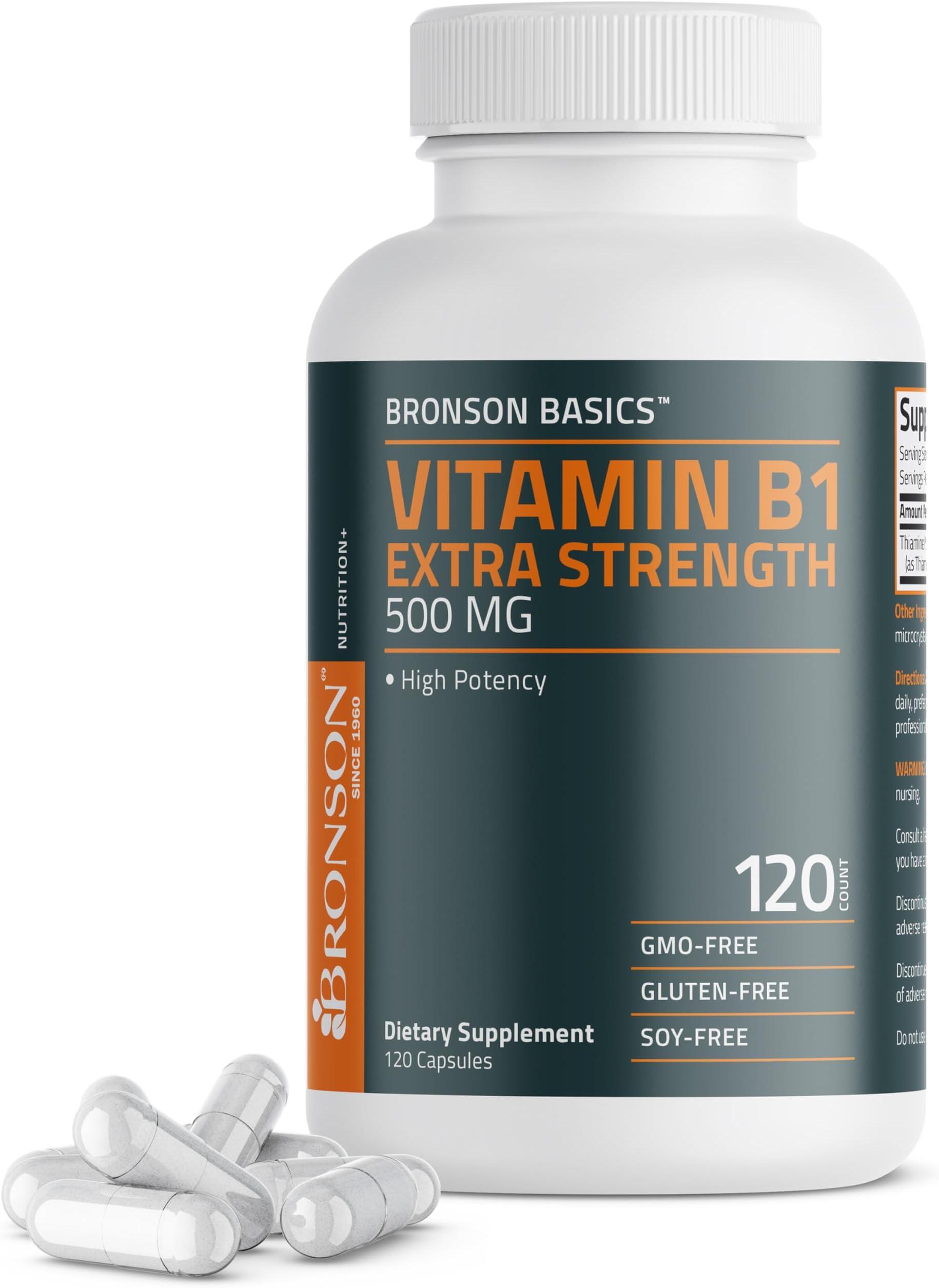 Vitamin B1 Extra Strength 500 MG High Potency Non-GMO, 120 Capsules