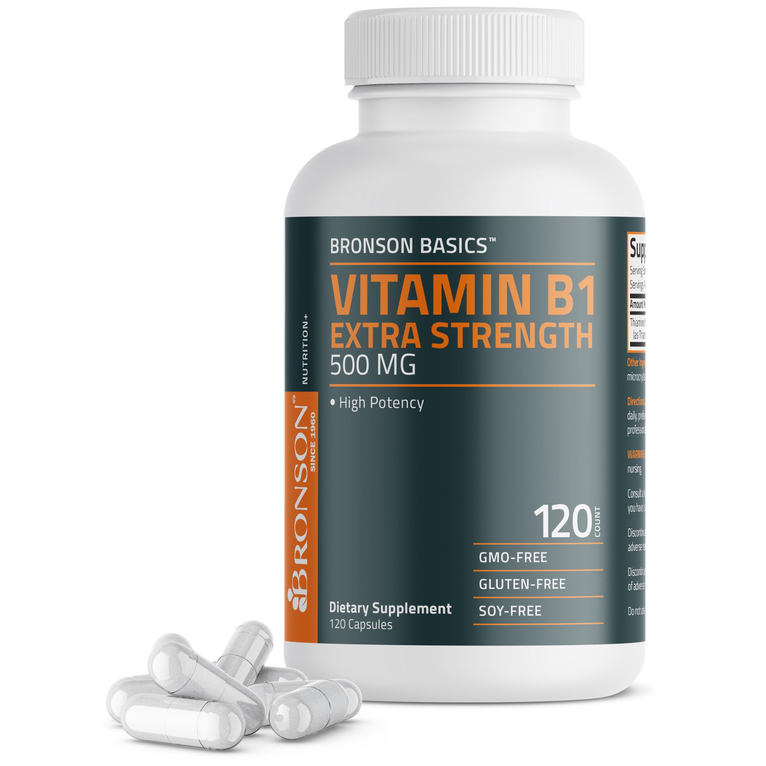 Bronson Vitamin B1 Extra Strength 500 MG High Potency Non-GMO, 120 Capsules