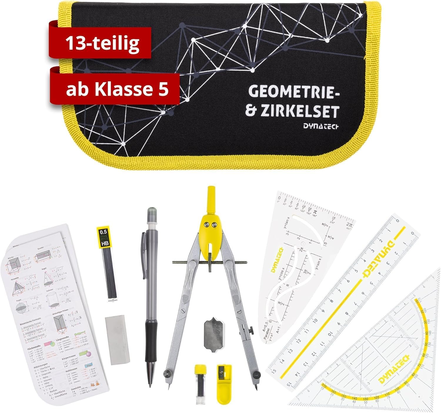 Compass Set Geometry Set 13 Pieces with Compass, Set Square, Parabel, Pencil, Ruler, Sharpener and Replacement Leads in Case with Zip Yellow - Practical Maths Set Including Pencil Case