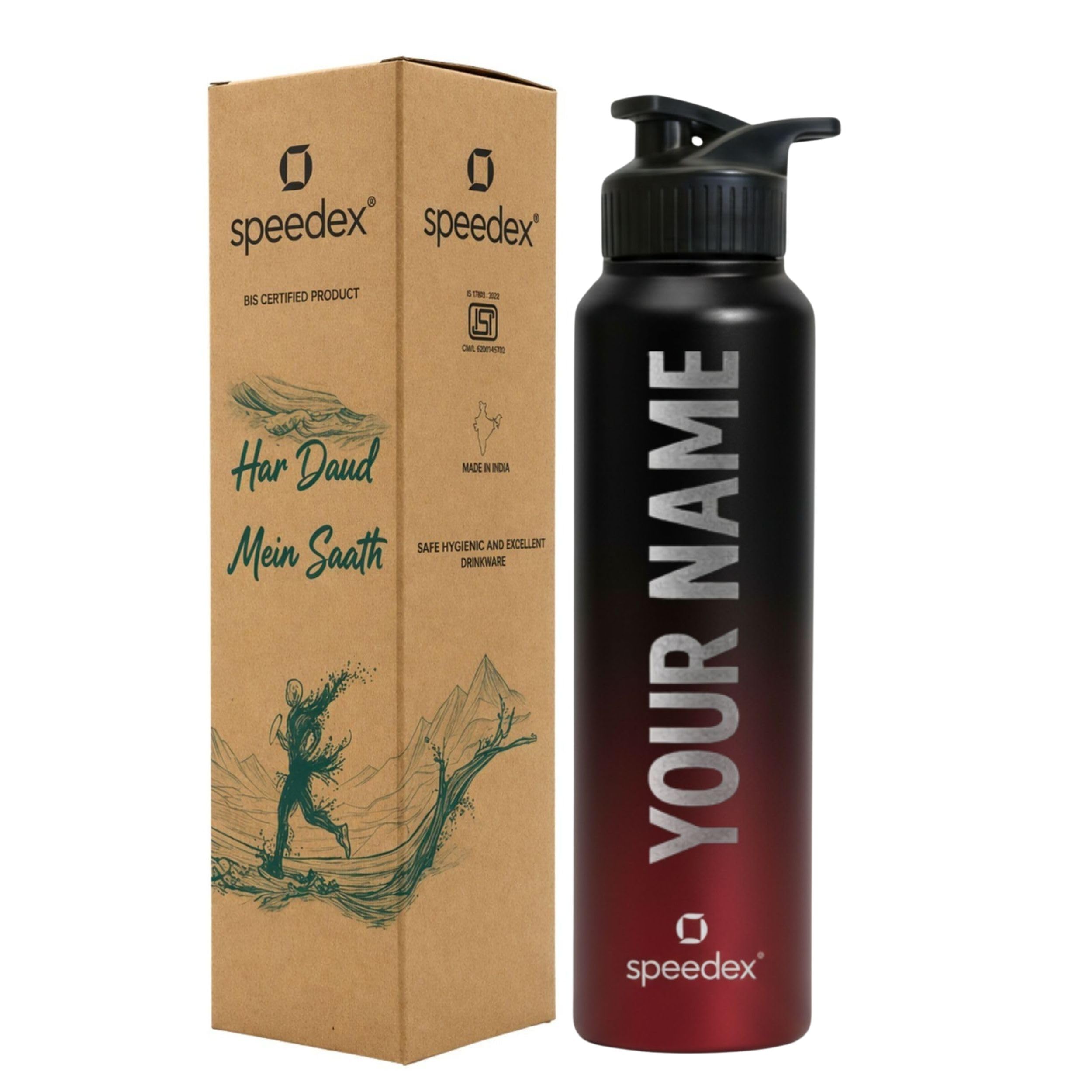 Speedex Customised Stainless Steel Water Bottle 1 Ltr with Name – Personalised Engraved Sipper Cap Bottle for Kids, Men & Women, School, Gym, Office Black Wine, Set of 1