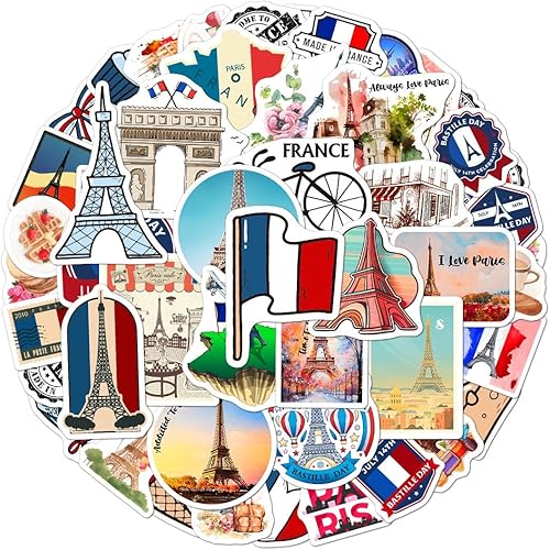 Paquete de 50 calcomanías de París Francia para botellas de agua, impermeables, para laptop, equipaje, computadora, álbumes de recortes,