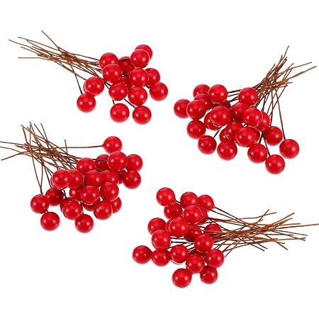 BBTO Artificial Holly Berries On Wire Stems - 250 Stems With 500 Red Berries, 8mm Size For Wreaths, Crafts, Wedding & Christmas Decor
