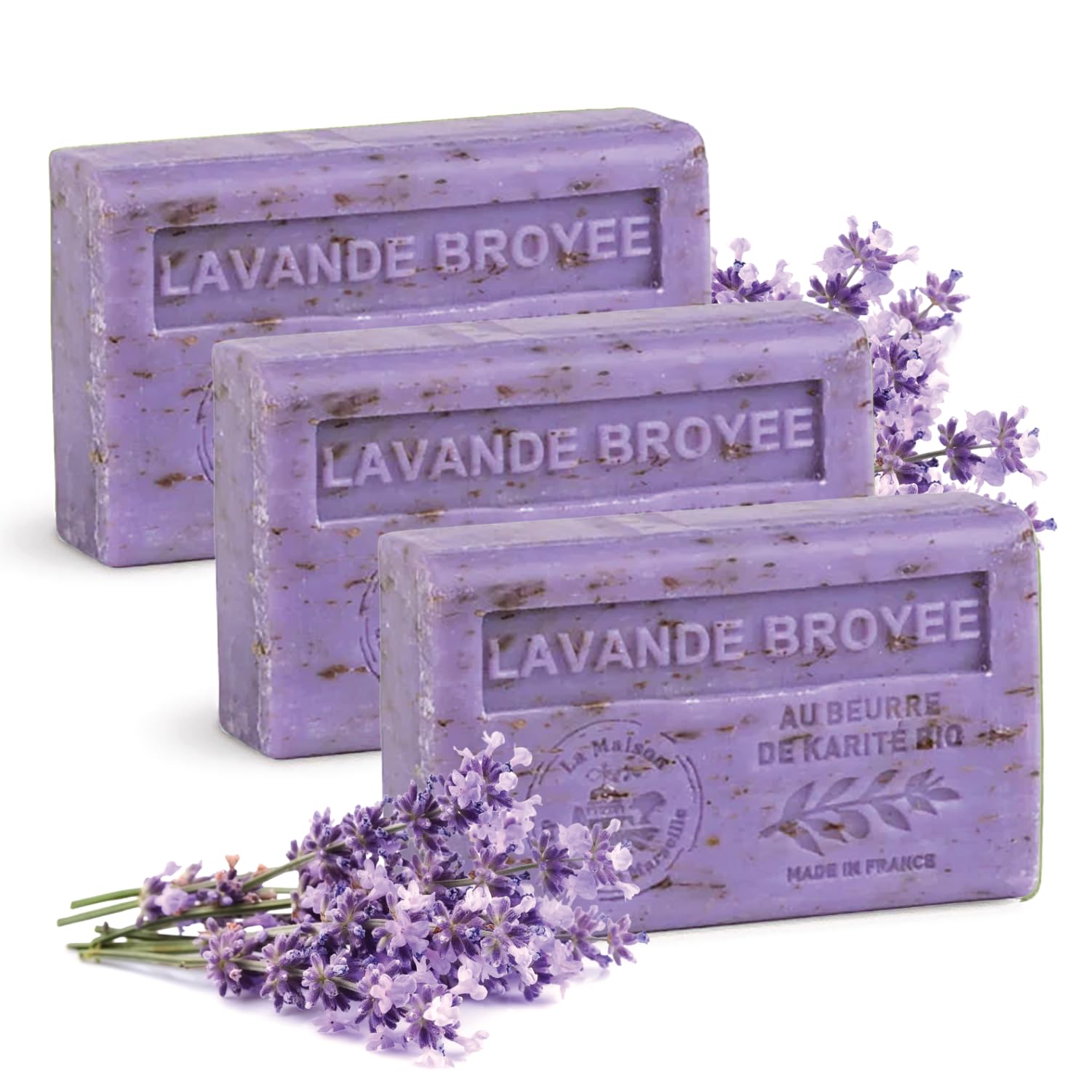 Hand & Body Soap Bars Trio - Exfoliating Lavender Moisturizing French Soap with Organic Shea Butter - Rich Creamy Lather - 97% Natural Ingredients - Solid Bath Cleanser Made in Provence - 3x4.4 oz