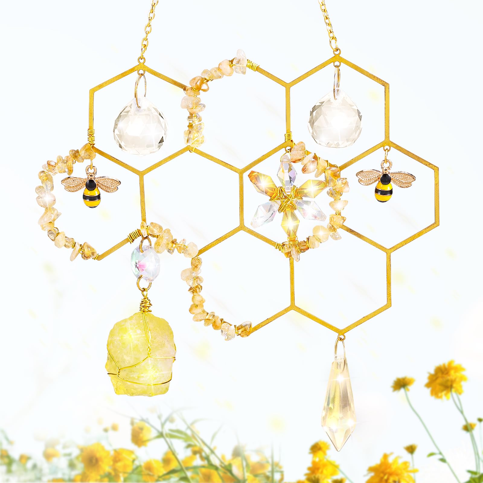 Window Crystals Suncatcher Hanging Bee Decor with Honeycomb Crystal Glass Prisms Hive for Kitchen Indoor Outdoor Home Garden Ornament Birthday Housewarming Gift (Citrine)