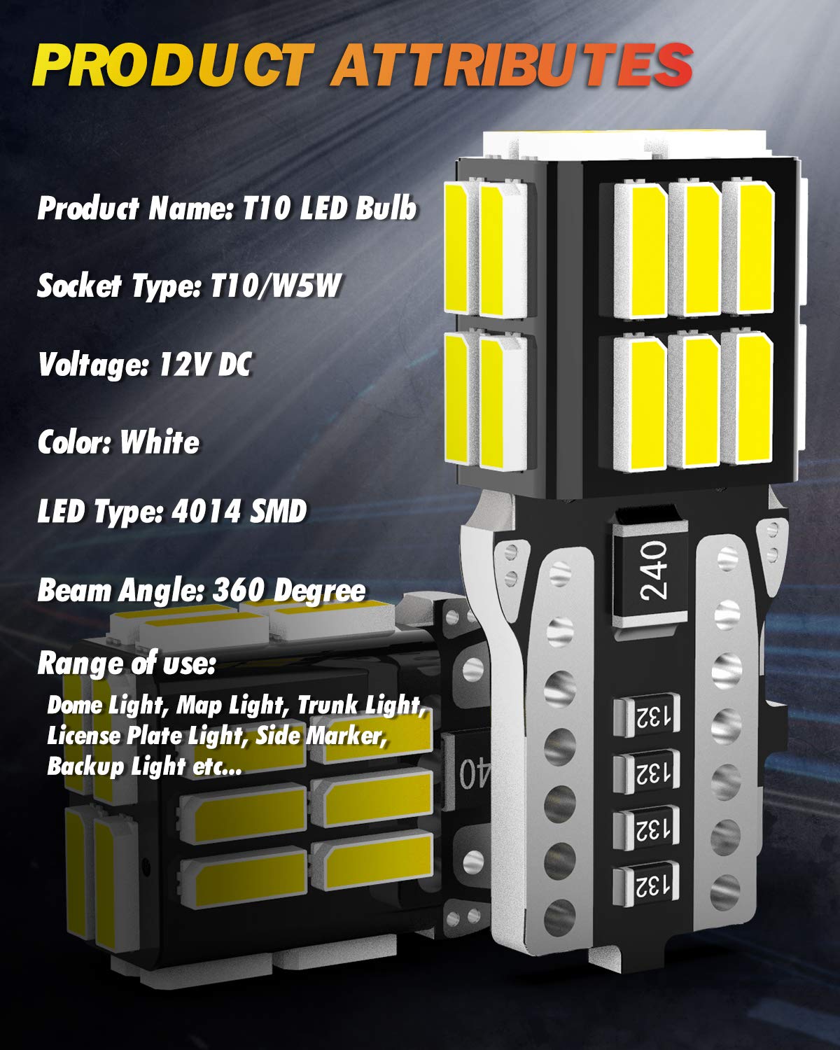 OUSHI T10 W5W LED Ampoules De Voiture, Lampe 194 168 2825 Xénon Blanc 6500K 12V Voiture De Remplacement Intérieur Side Dôme Plaque D'immatriculation Parking Réserve Lumière (Pack de 10)
