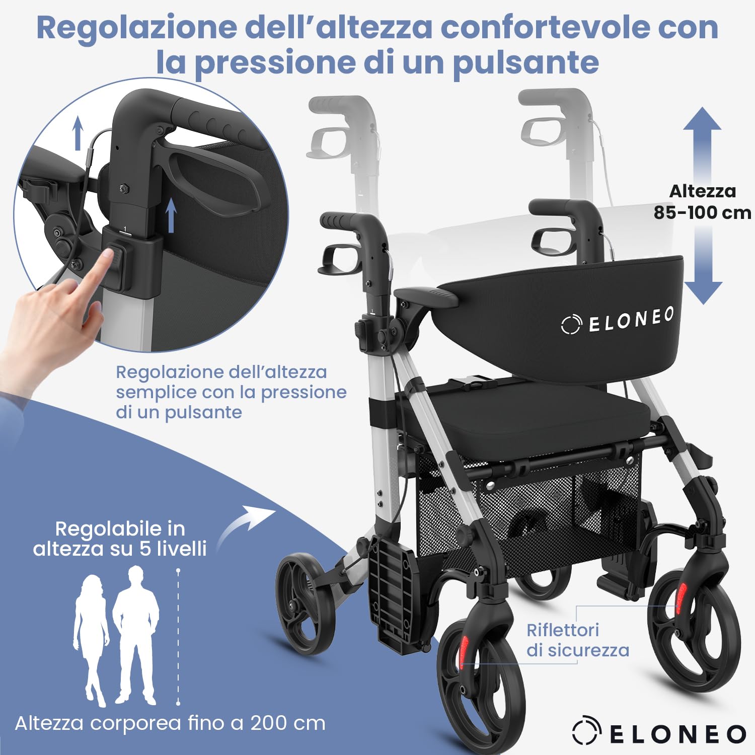 ELONEO Sedia a Rotelle Rollator 2 in 1 Pieghevole e Leggero con Seduta, Rollator da Esterno Pieghevole e Leggero per Tutti i Terreni, Deambulatore in Alluminio, Sedia a Rotelle da Trasporto, argento
