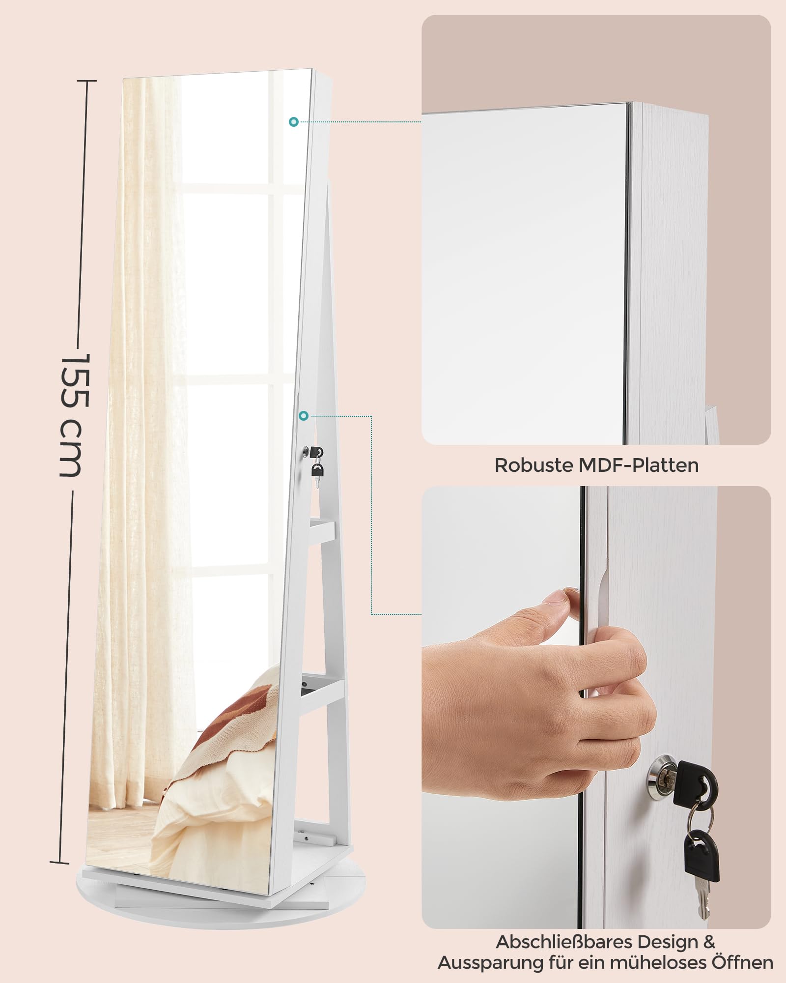 SONGMICS Schmuckschrank, Spiegelschrank, mit rahmenlosem Ganzkörperspiegel, 3 Ablagen, 360° drehbar, abschließbar, Oberfläche in Weiß, Innenfutter in Schwarz JJC007W01
