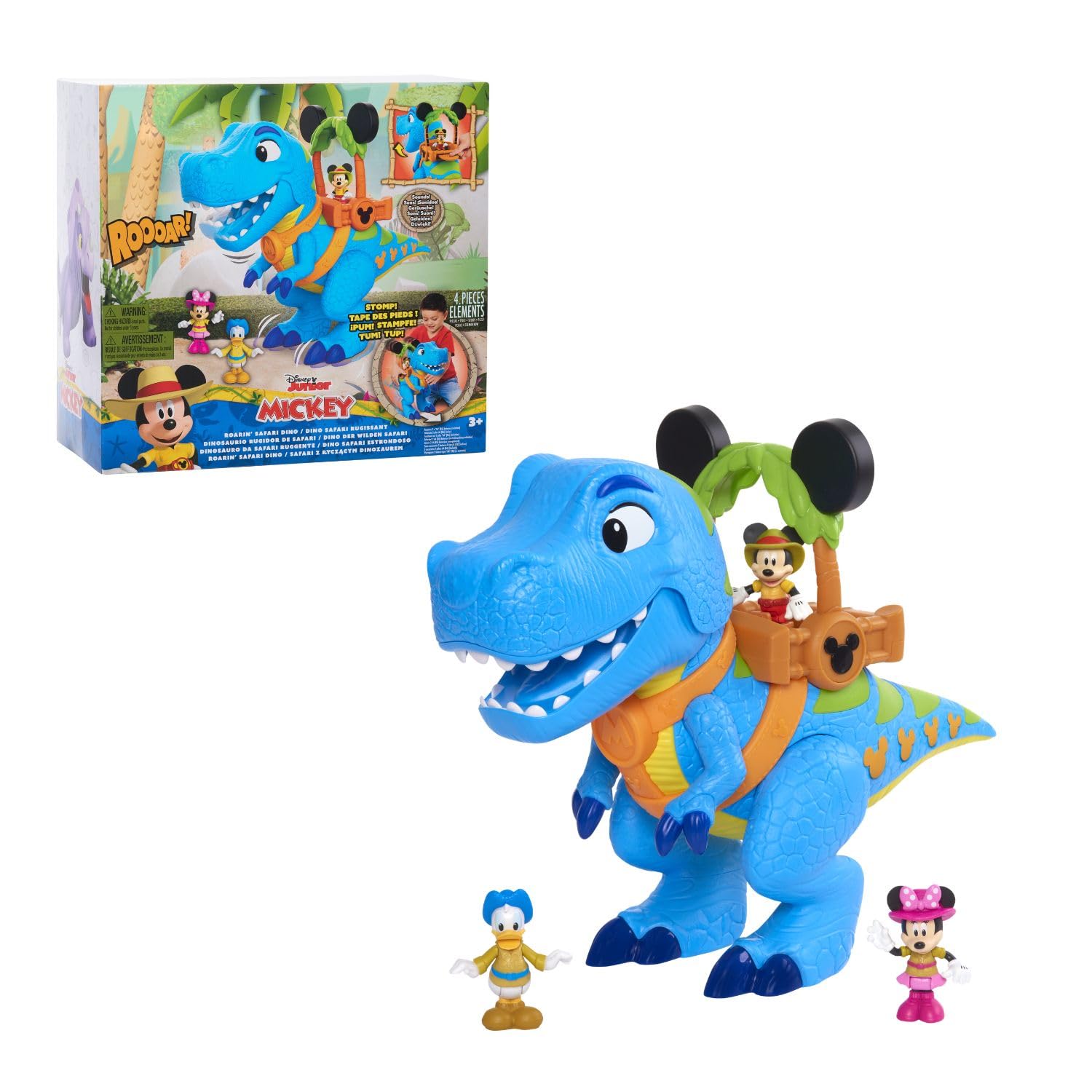 Disney Junior Mickey Mouse Funhouse Roarin' Safari Dino, 4-piece Figures and Playset, Dinosaur, Kids Toys for Ages 3 Up by Just Play