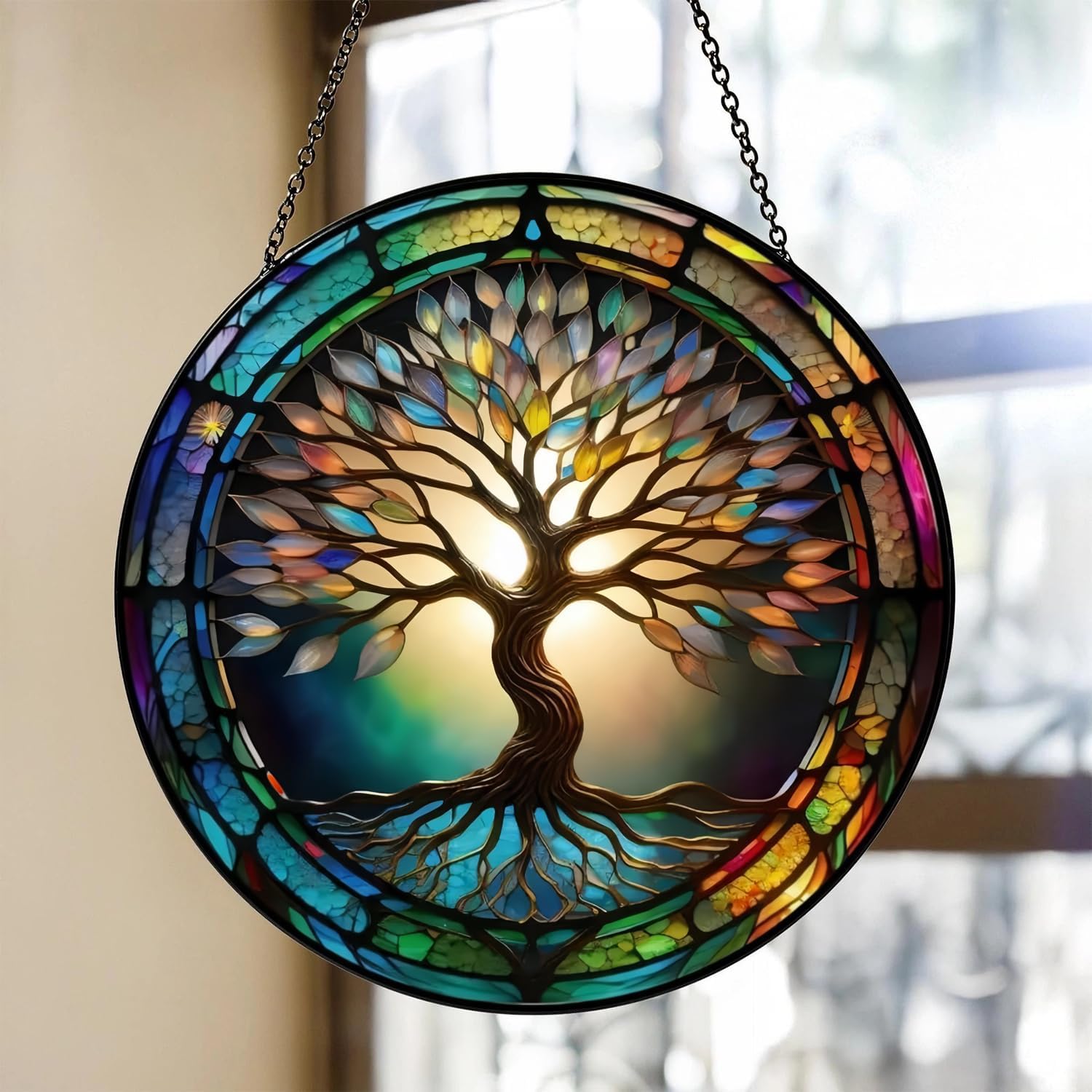 Colorful Tree of Life Suncatcher -7.9 in Stained Glass Window Hanging Catcher Garden Decor - Image 2