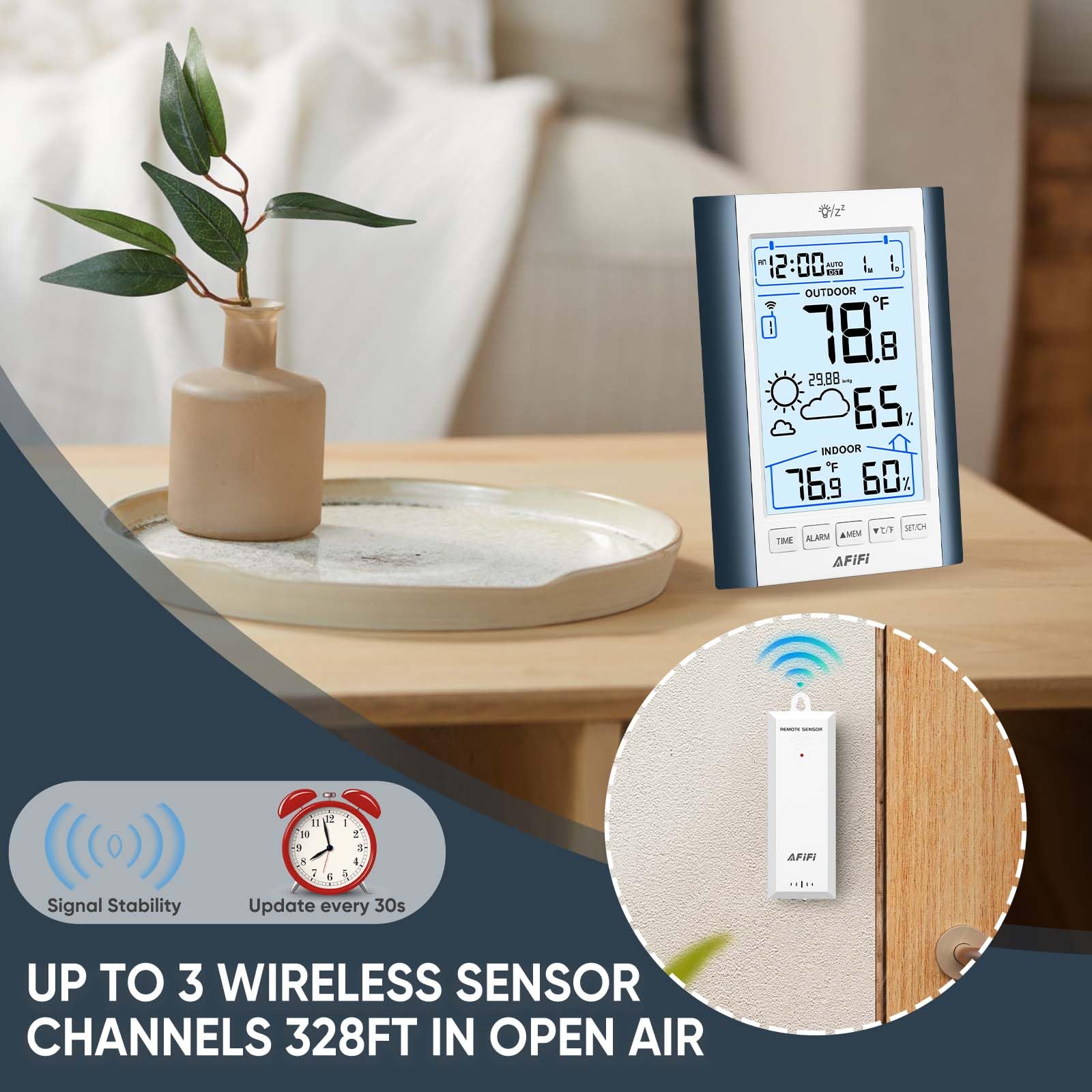 Termometro e igrometro wireless per interni ed esterni, termometri igrometro monitor con sensore remoto da 100,6 m, alimentato a batteria, display retroilluminato, per casa, patio